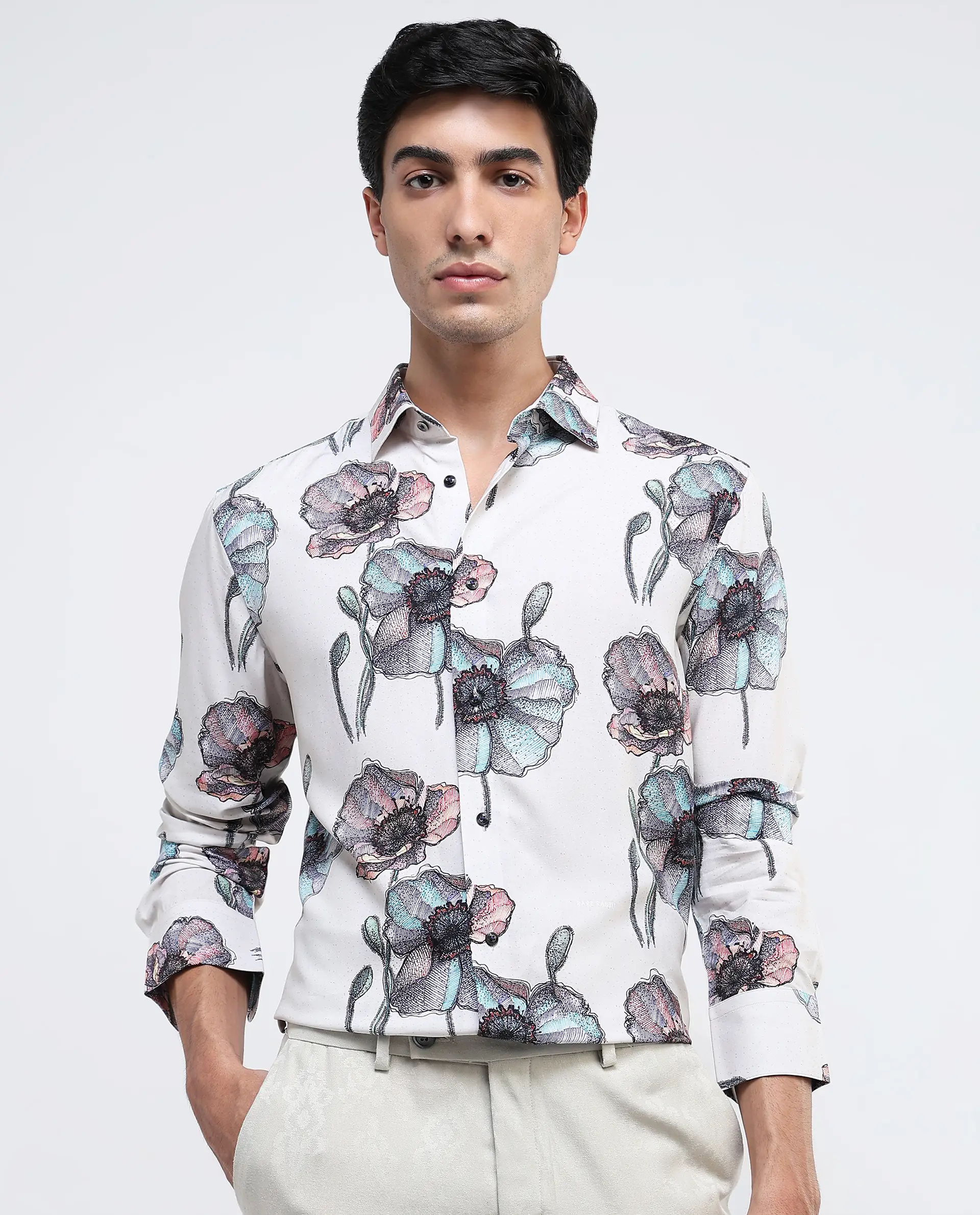 Rare Rabbit Men's Saddle-1 Light Pink Viscose Floral Print Regular Fit Full Sleeve Collared Shirt - Image 7