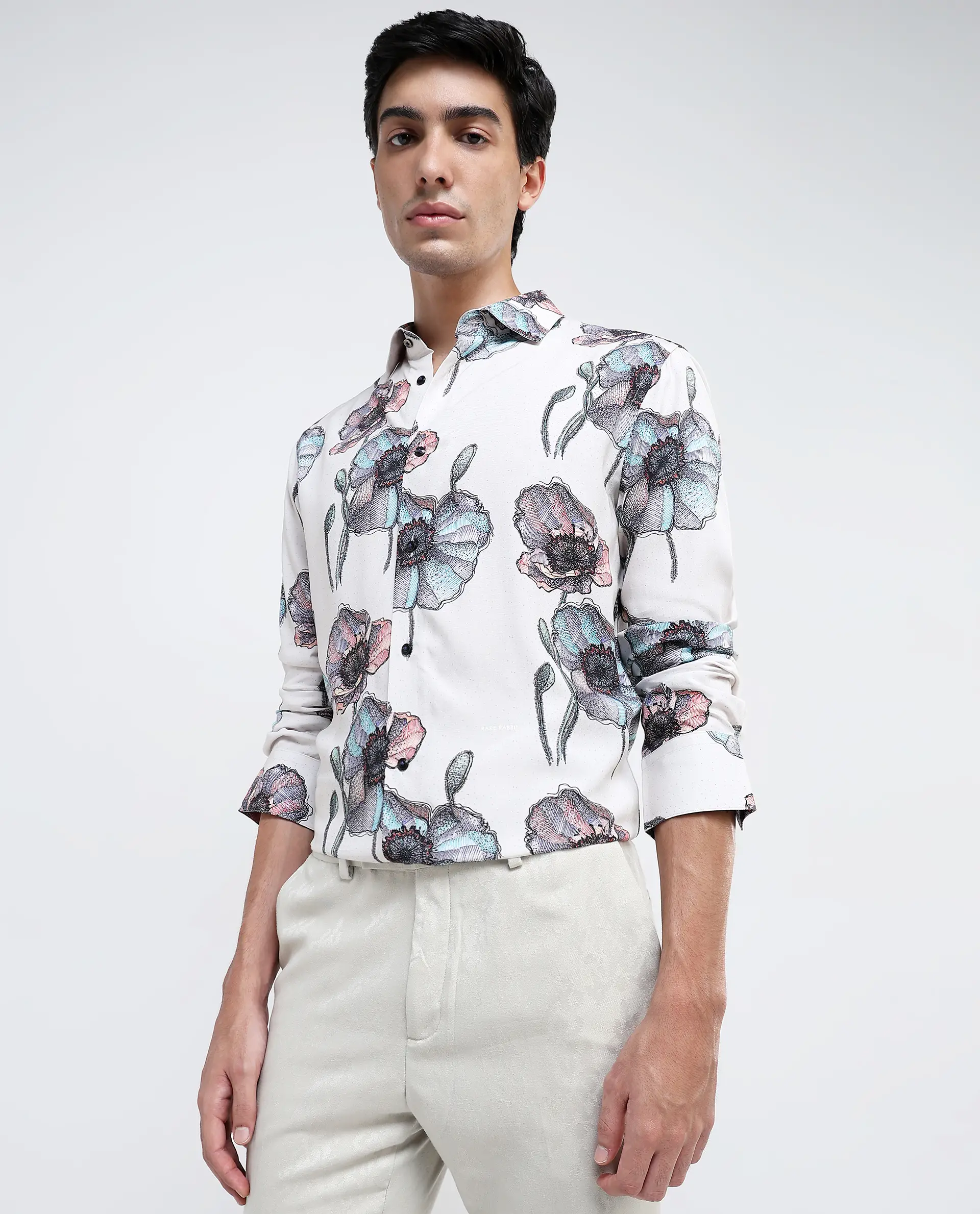 Rare Rabbit Men's Saddle-1 Light Pink Viscose Floral Print Regular Fit Full Sleeve Collared Shirt - Image 8