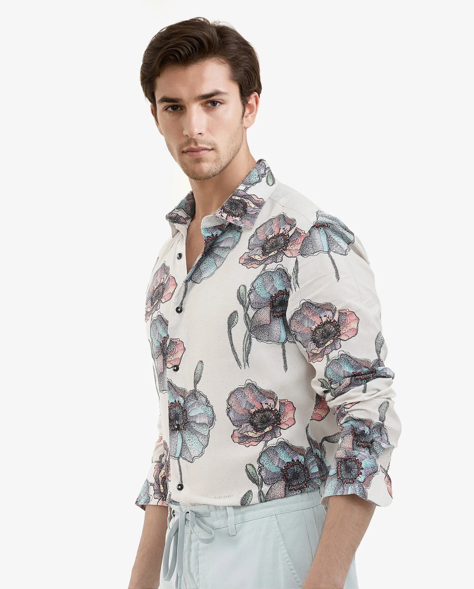 Rare Rabbit Men's Saddle Light Pink Viscose Floral Print Regular Fit Full Sleeve Collared Shirt - Image 4