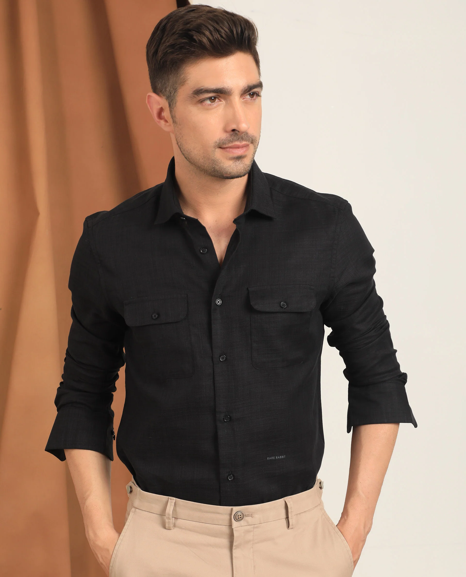 Rare Rabbit Men's Safa Ls Black Plain Regular Fit Full Sleeve Collared Shirt - Image 4