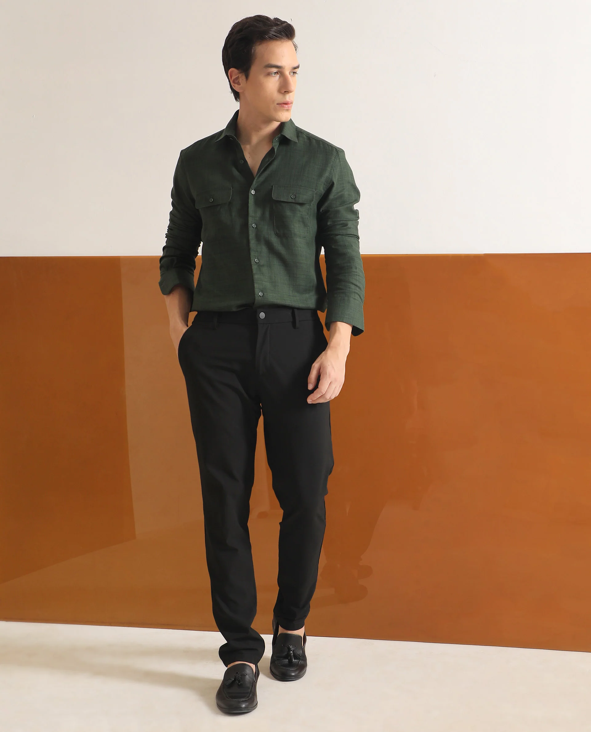 Rare Rabbit Men's Safa Olive Cotton Plain Regular Fit Full Sleeve Collared Shirt - Image 3