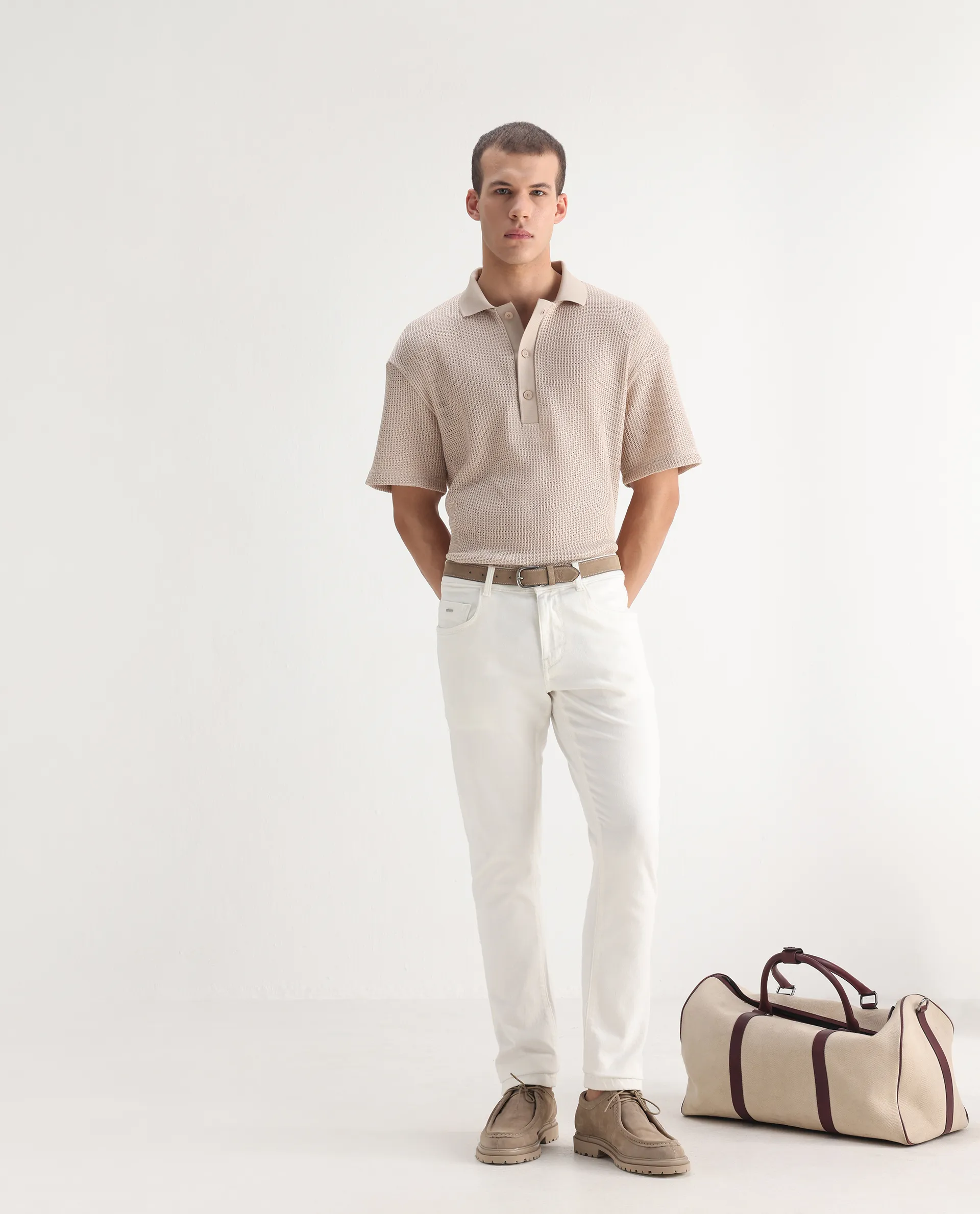 Rare Rabbit Men's Safi White Cotton Blend Plain Hawk Slim Fit Jeans