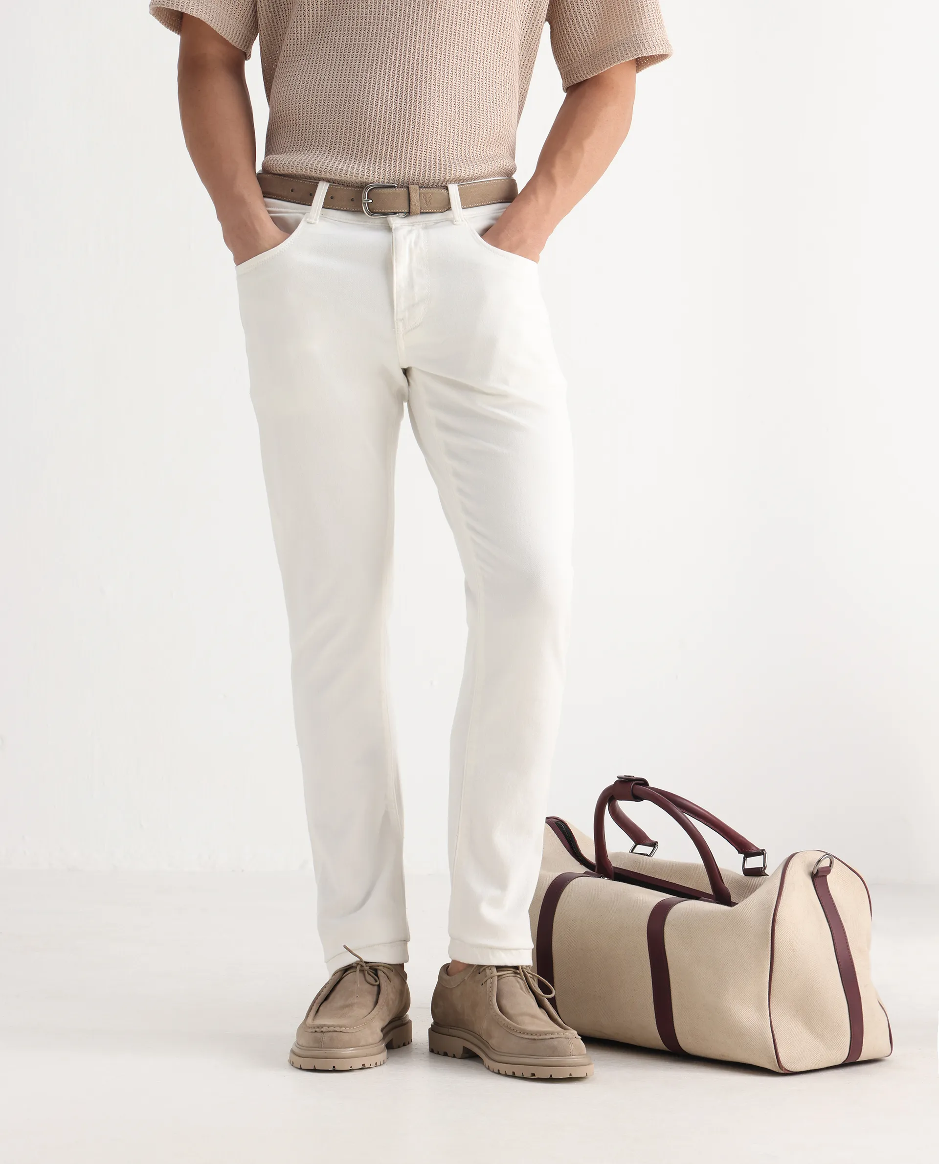 Rare Rabbit Men's Safi White Cotton Blend Plain Hawk Slim Fit Jeans - Image 2