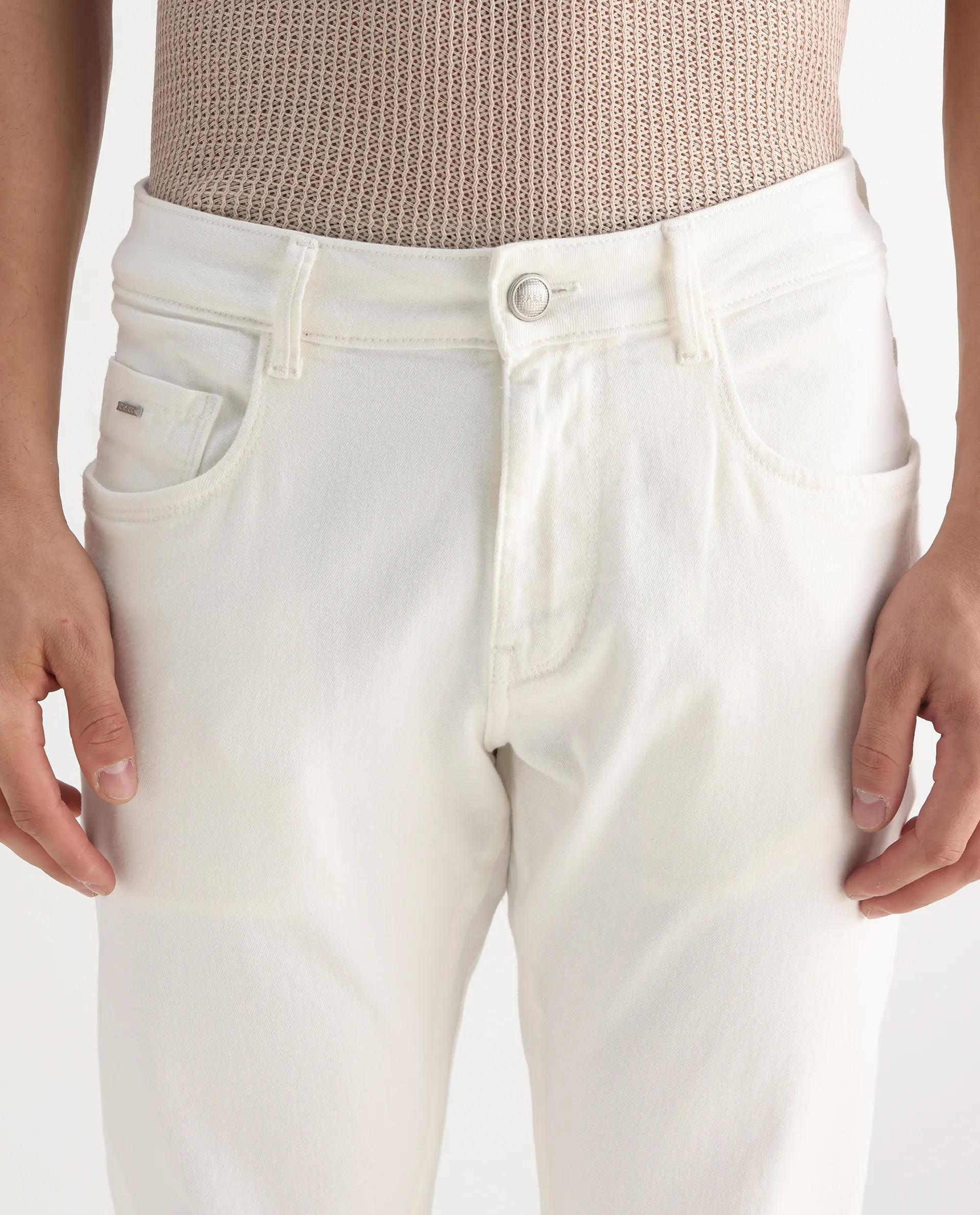Rare Rabbit Men's Safi White Cotton Blend Plain Hawk Slim Fit Jeans - Image 4