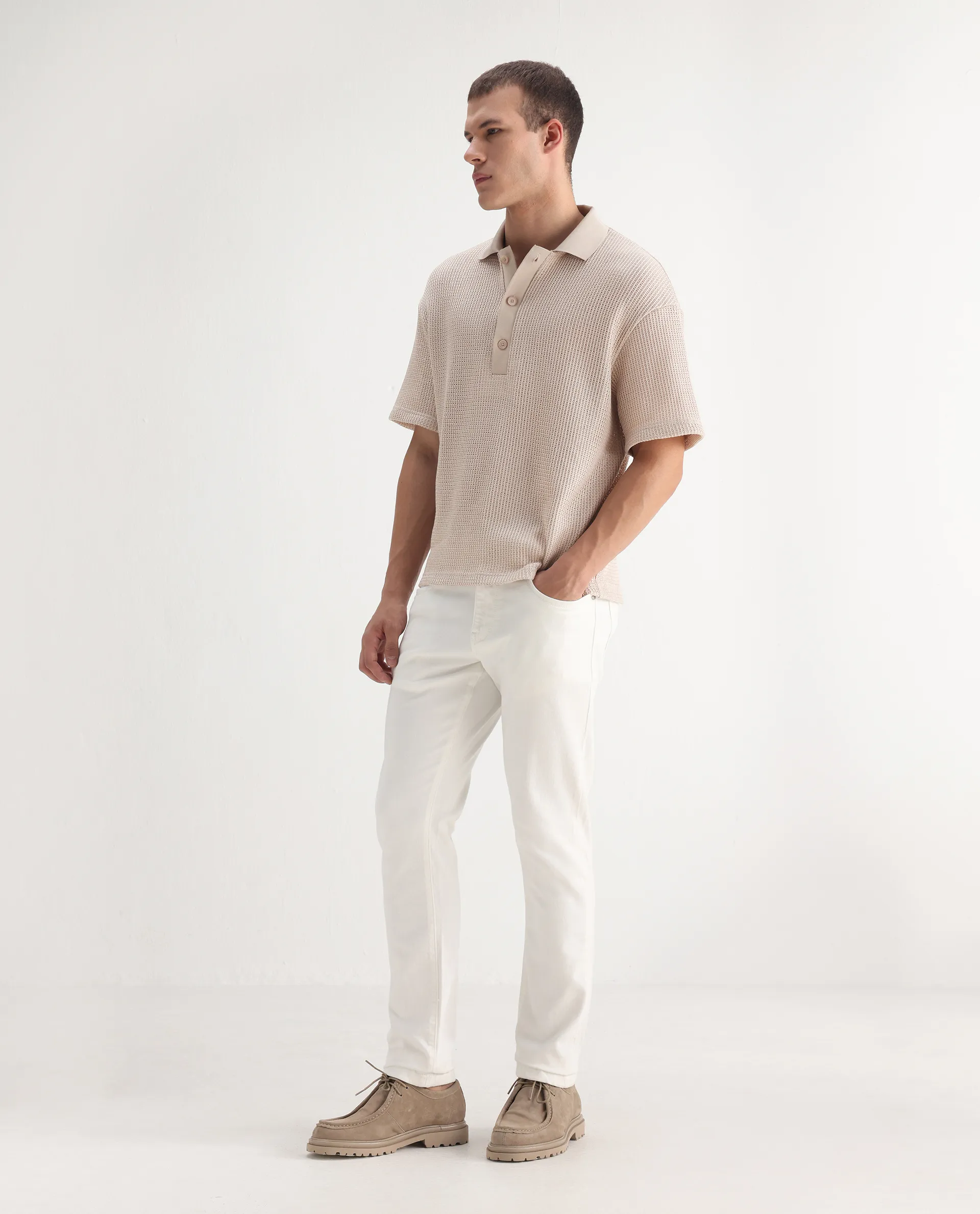 Rare Rabbit Men's Safi White Cotton Blend Plain Hawk Slim Fit Jeans - Image 5