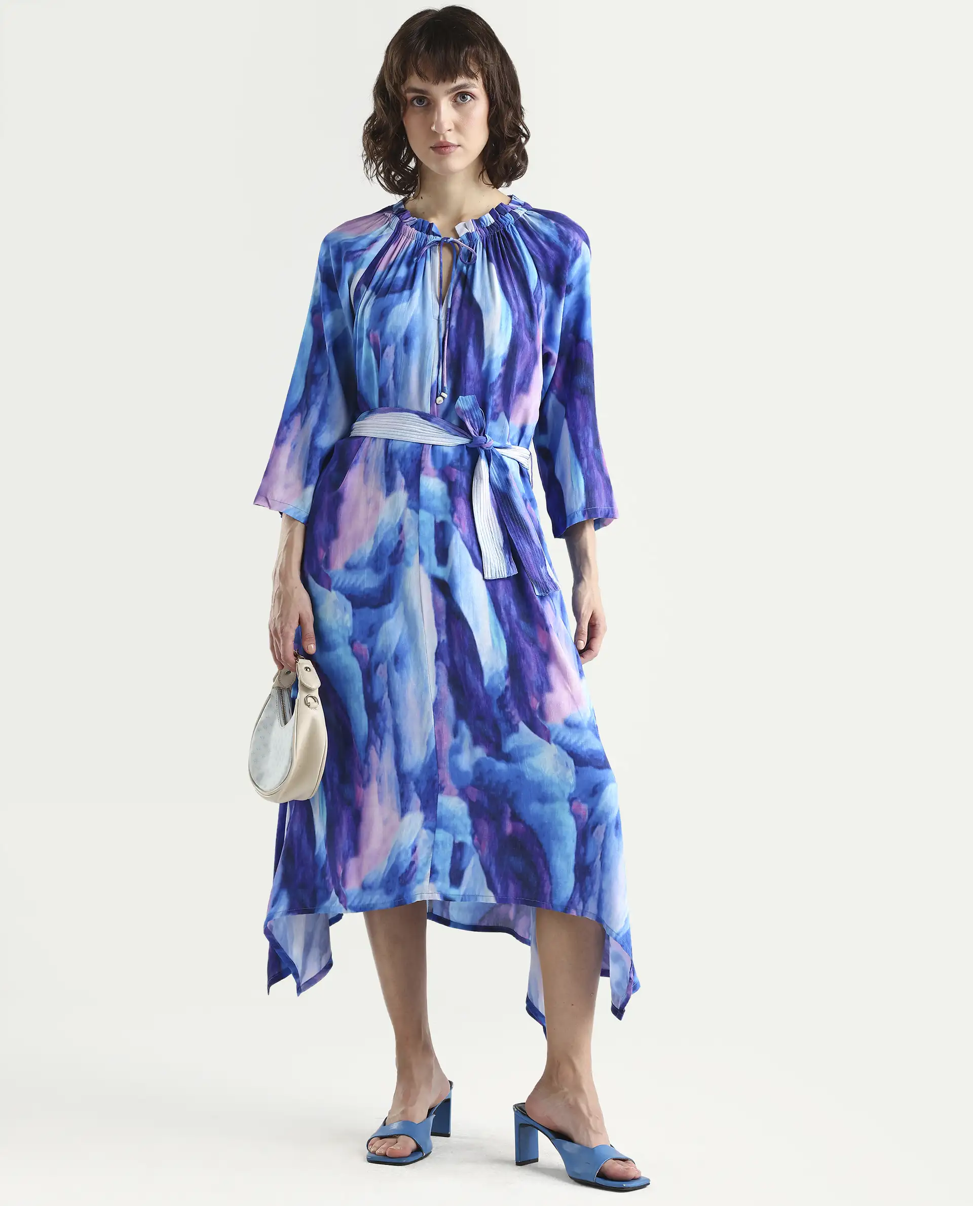 Rareism Womens Safol Multi Dress Poly Viscose Fabric Full Sleeve Tie Up Neck - Image 2