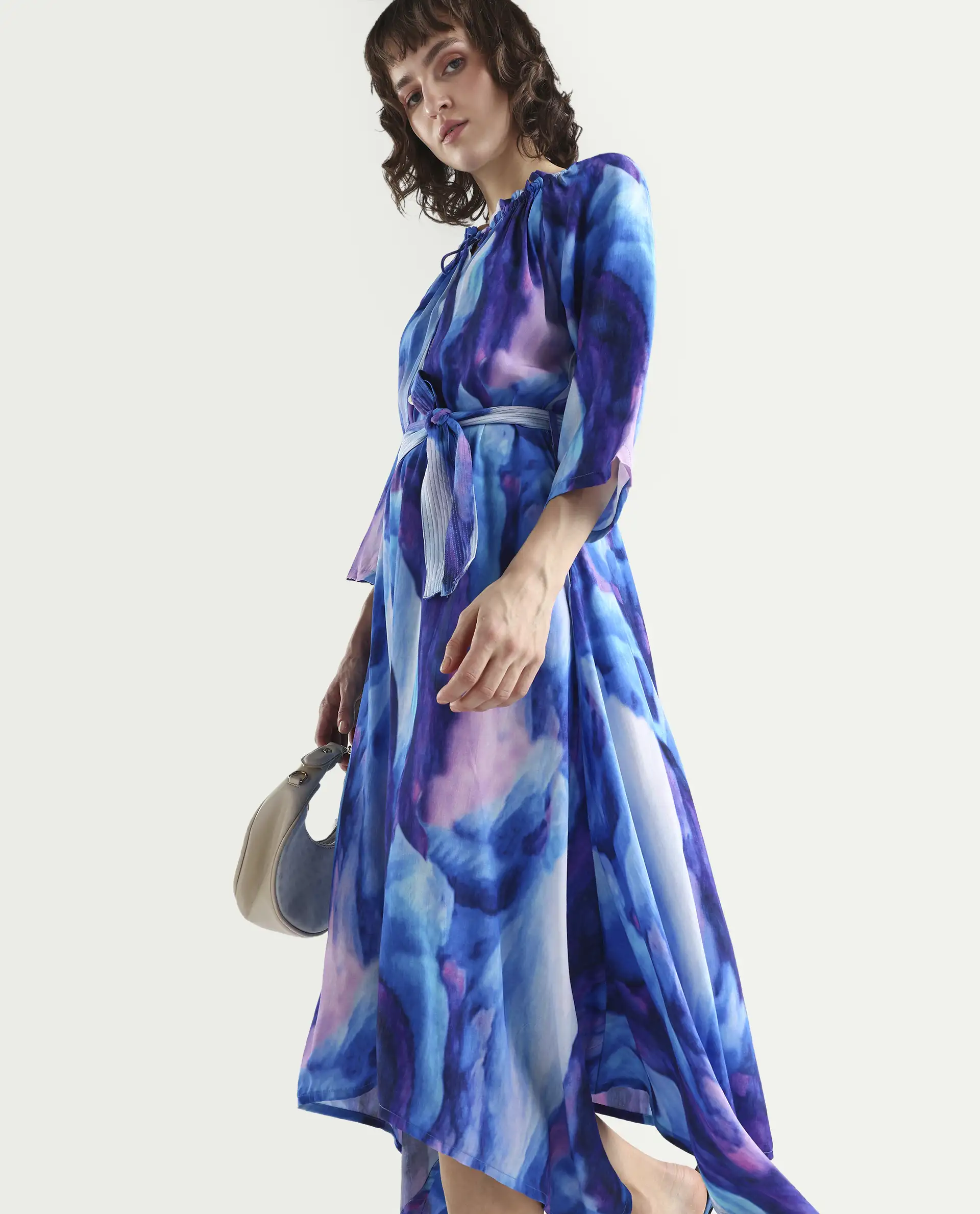 Rareism Womens Safol Multi Dress Poly Viscose Fabric Full Sleeve Tie Up Neck - Image 3