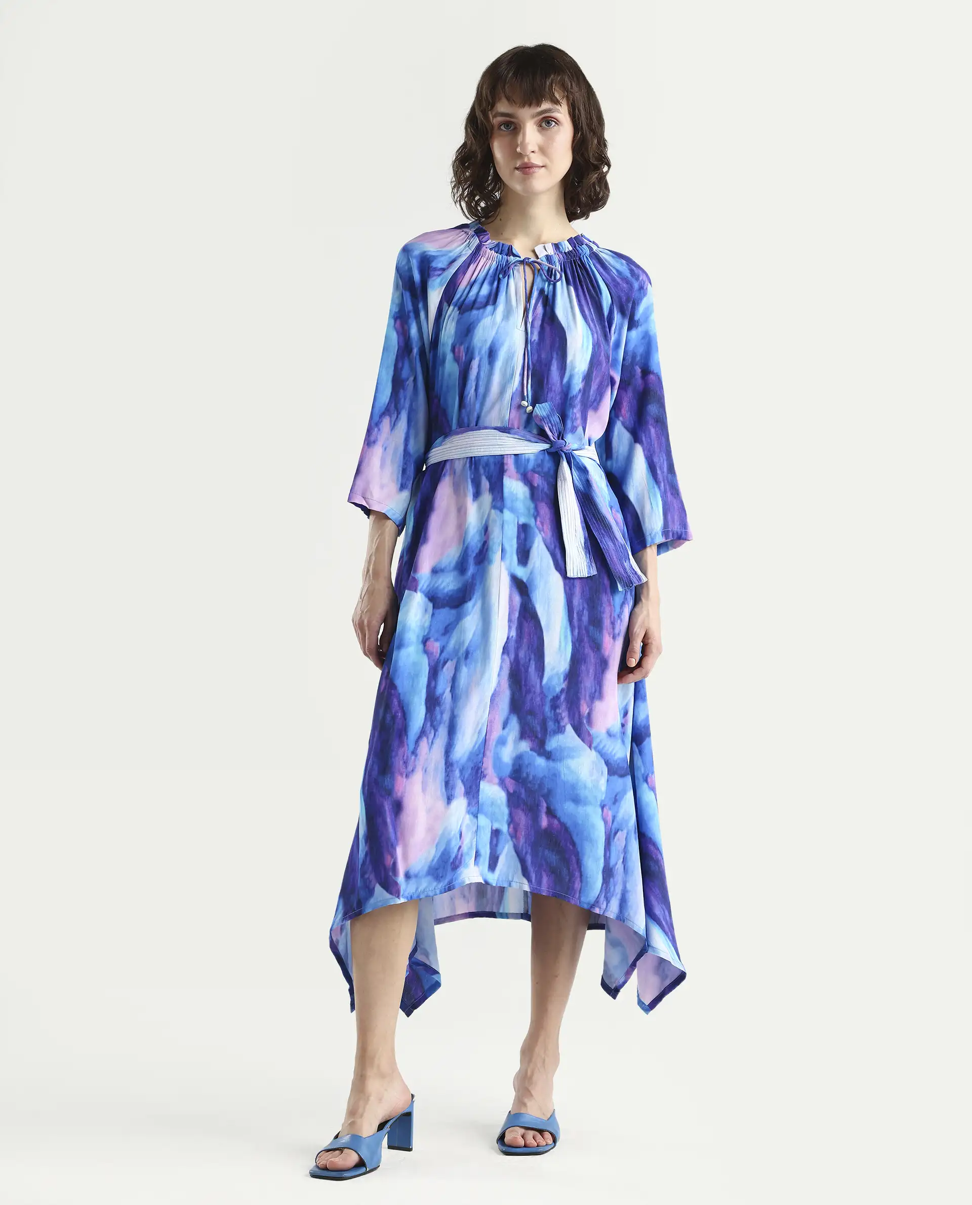 Rareism Womens Safol Multi Dress Poly Viscose Fabric Full Sleeve Tie Up Neck - Image 4