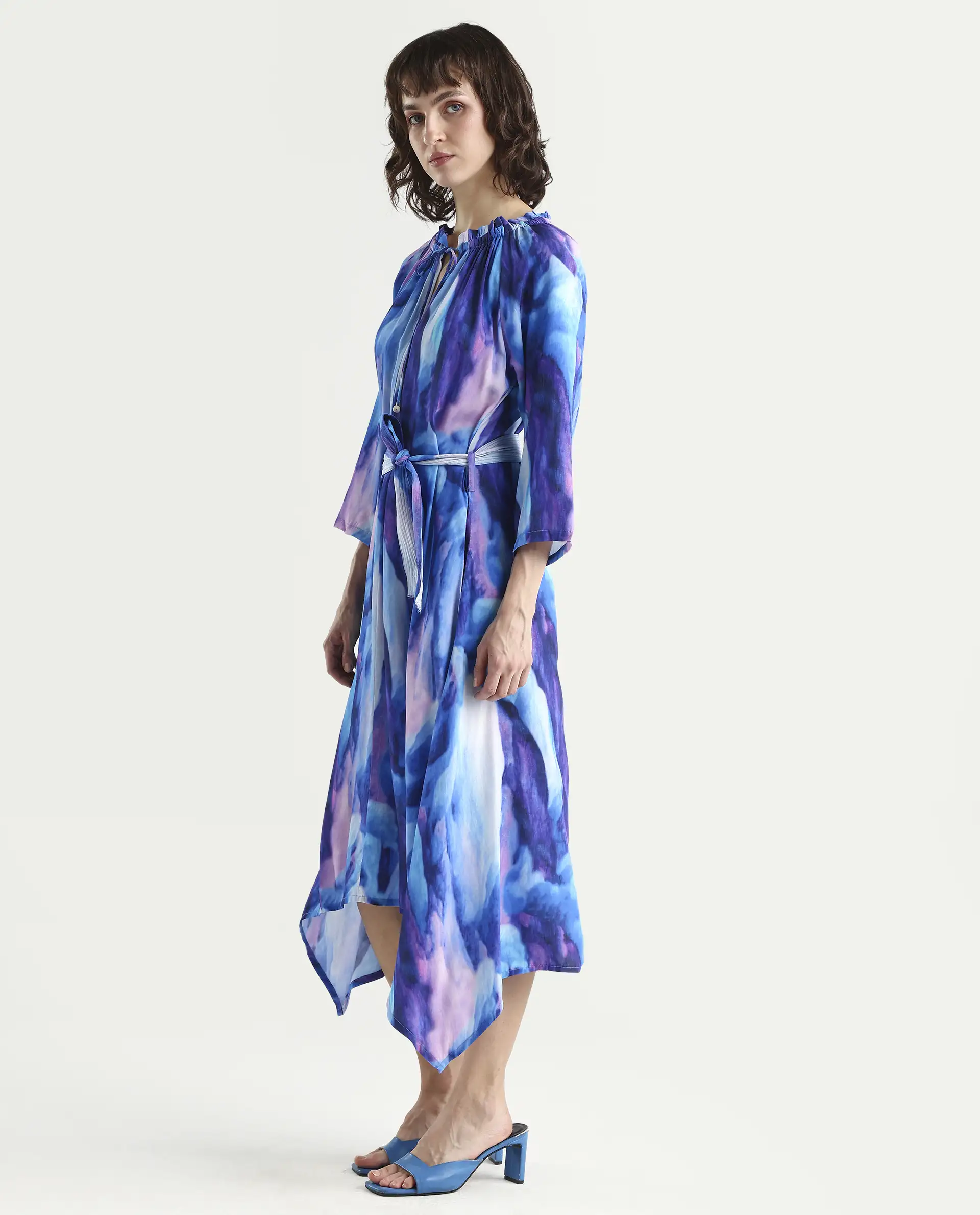 Rareism Womens Safol Multi Dress Poly Viscose Fabric Full Sleeve Tie Up Neck - Image 5