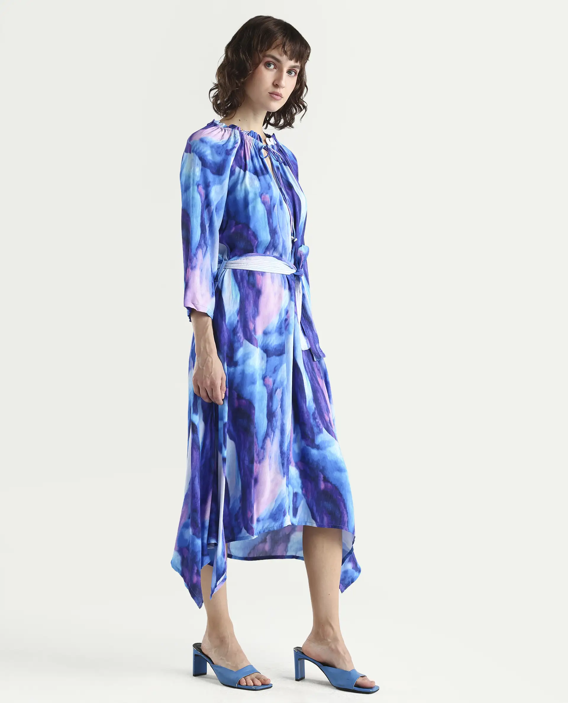 Rareism Womens Safol Multi Dress Poly Viscose Fabric Full Sleeve Tie Up Neck - Image 6