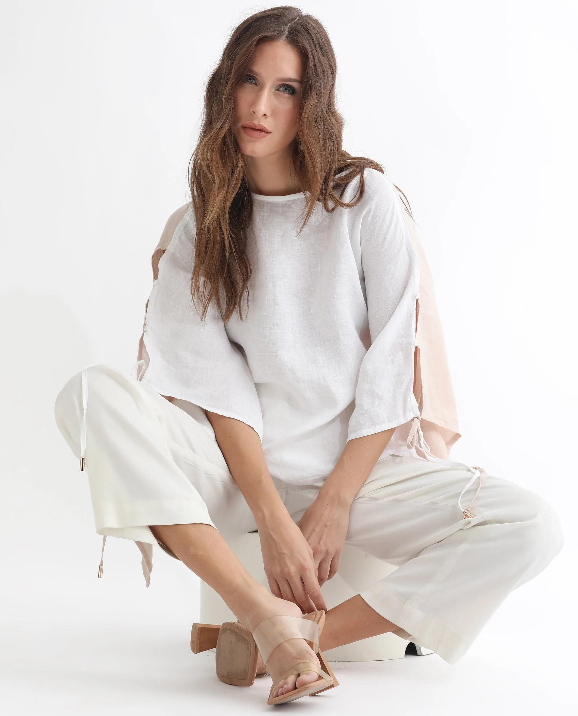 Rareism Women's Safron White Linen Boat Neck Plain Extended Sleeves Regular Fit Top