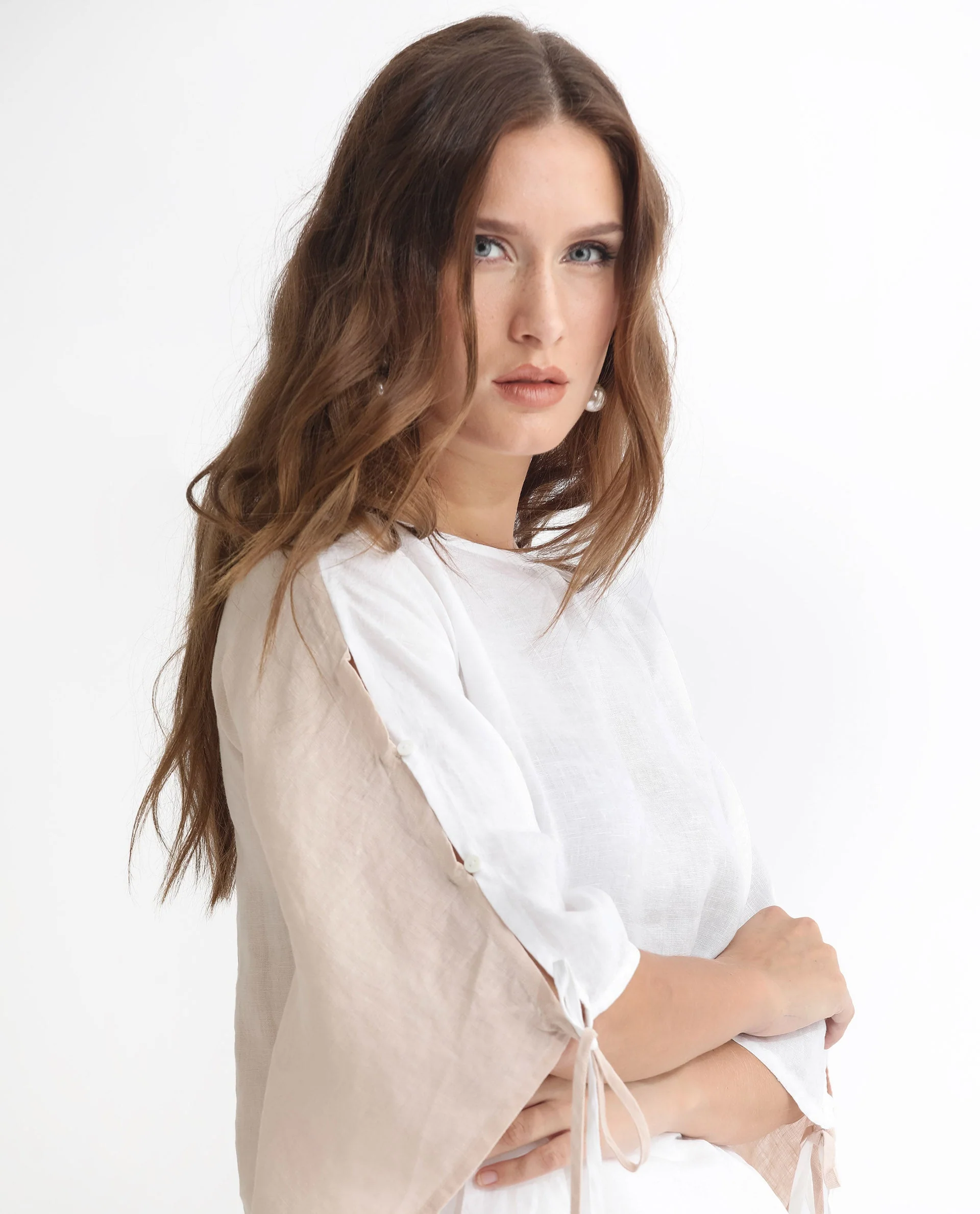 Rareism Women's Safron White Linen Boat Neck Plain Extended Sleeves Regular Fit Top - Image 12