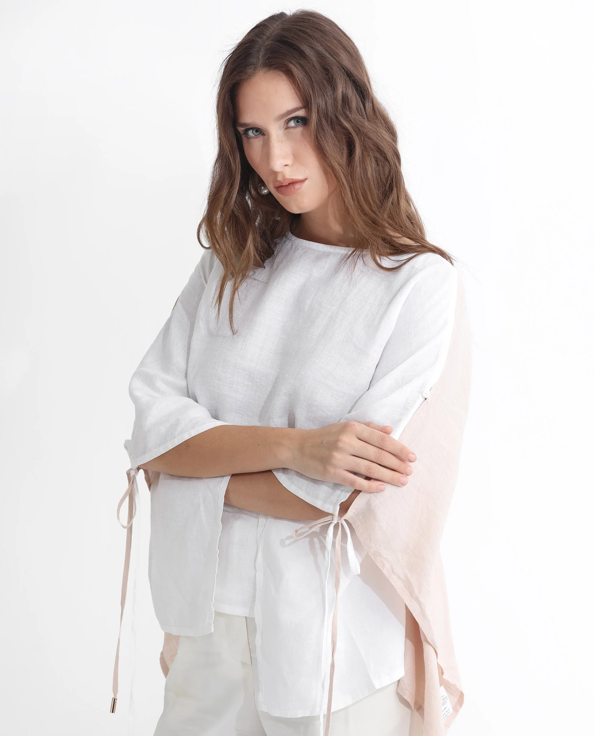 Rareism Women's Safron White Linen Boat Neck Plain Extended Sleeves Regular Fit Top - Image 13