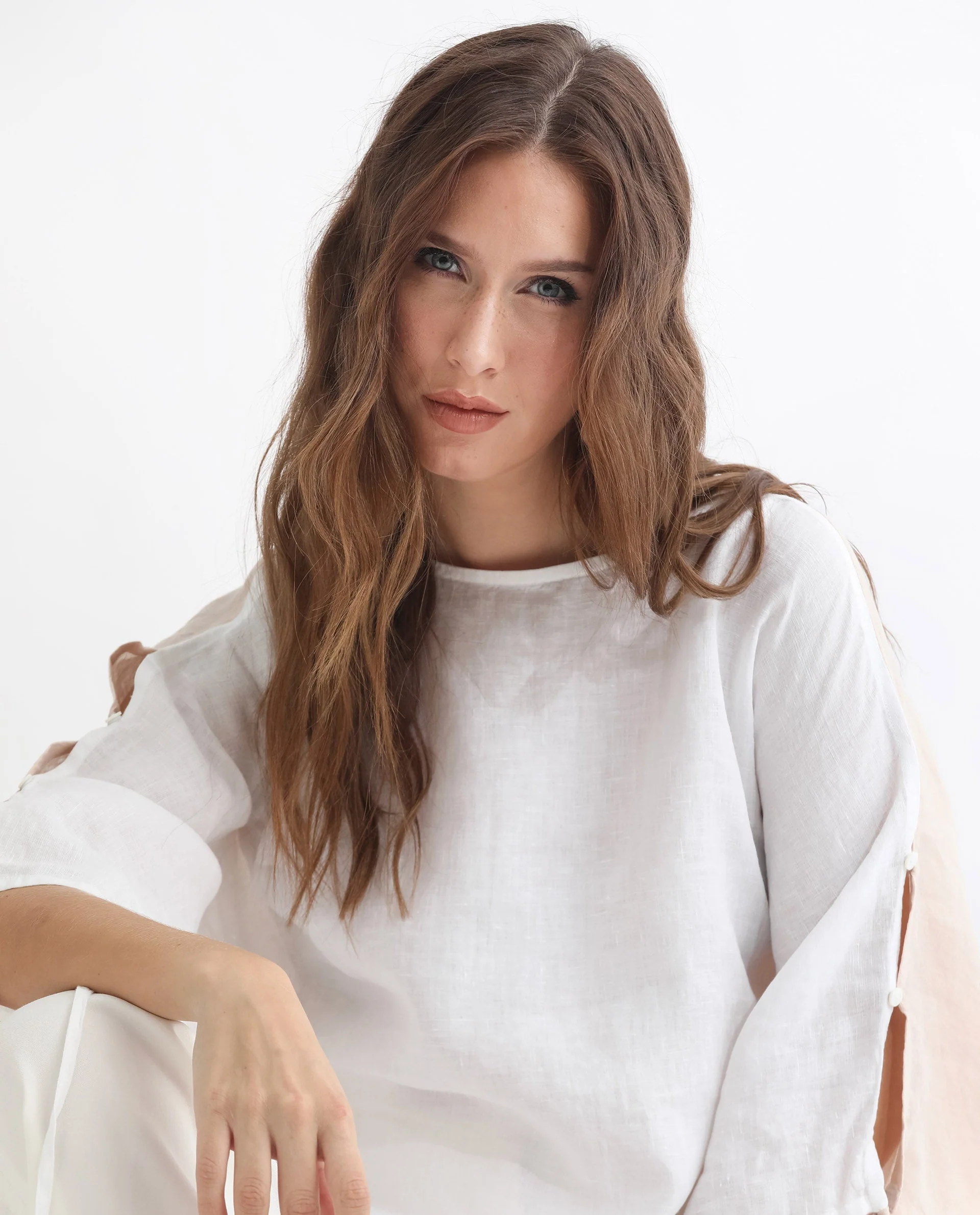 Rareism Women's Safron White Linen Boat Neck Plain Extended Sleeves Regular Fit Top - Image 14