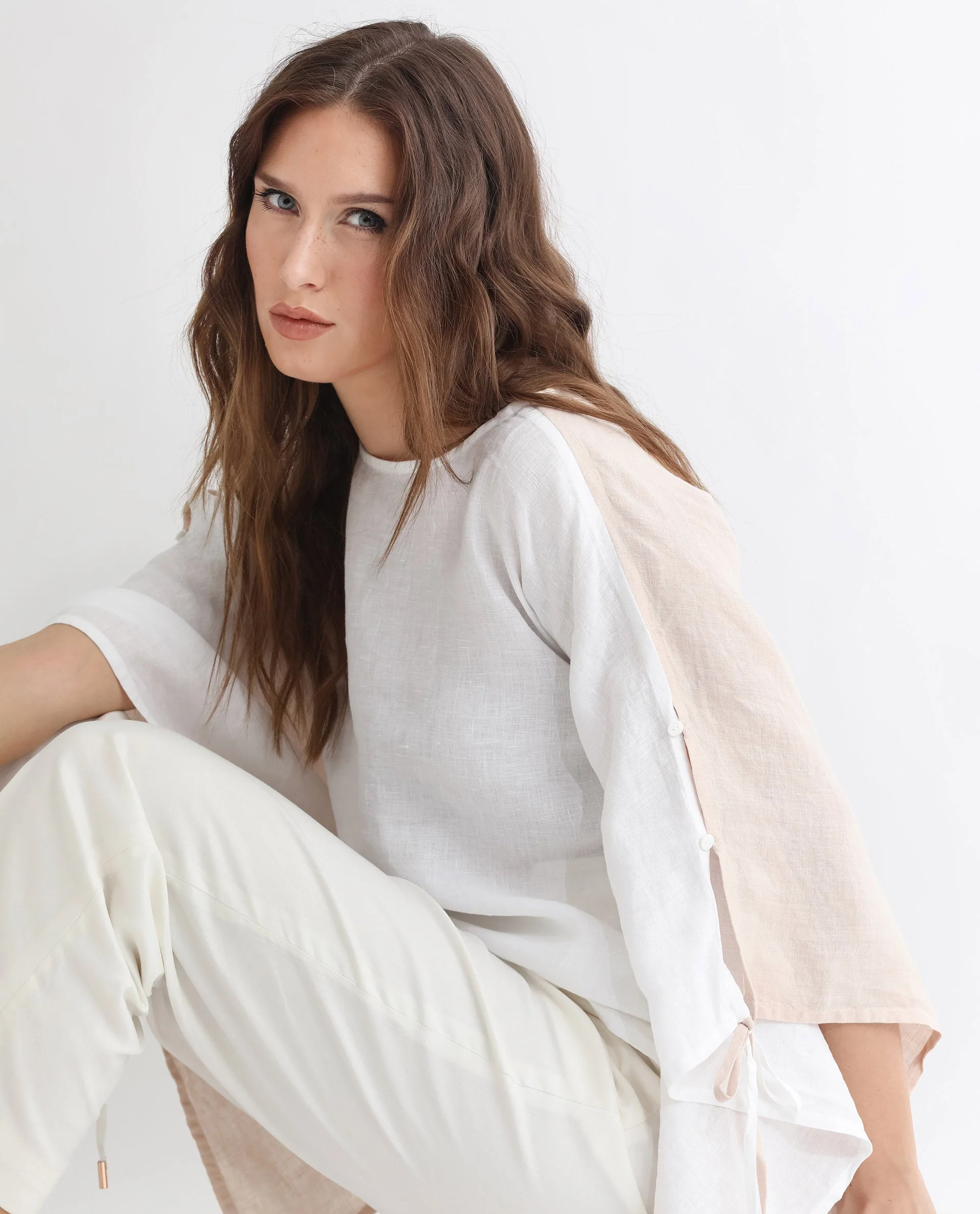 Rareism Women's Safron White Linen Boat Neck Plain Extended Sleeves Regular Fit Top - Image 2