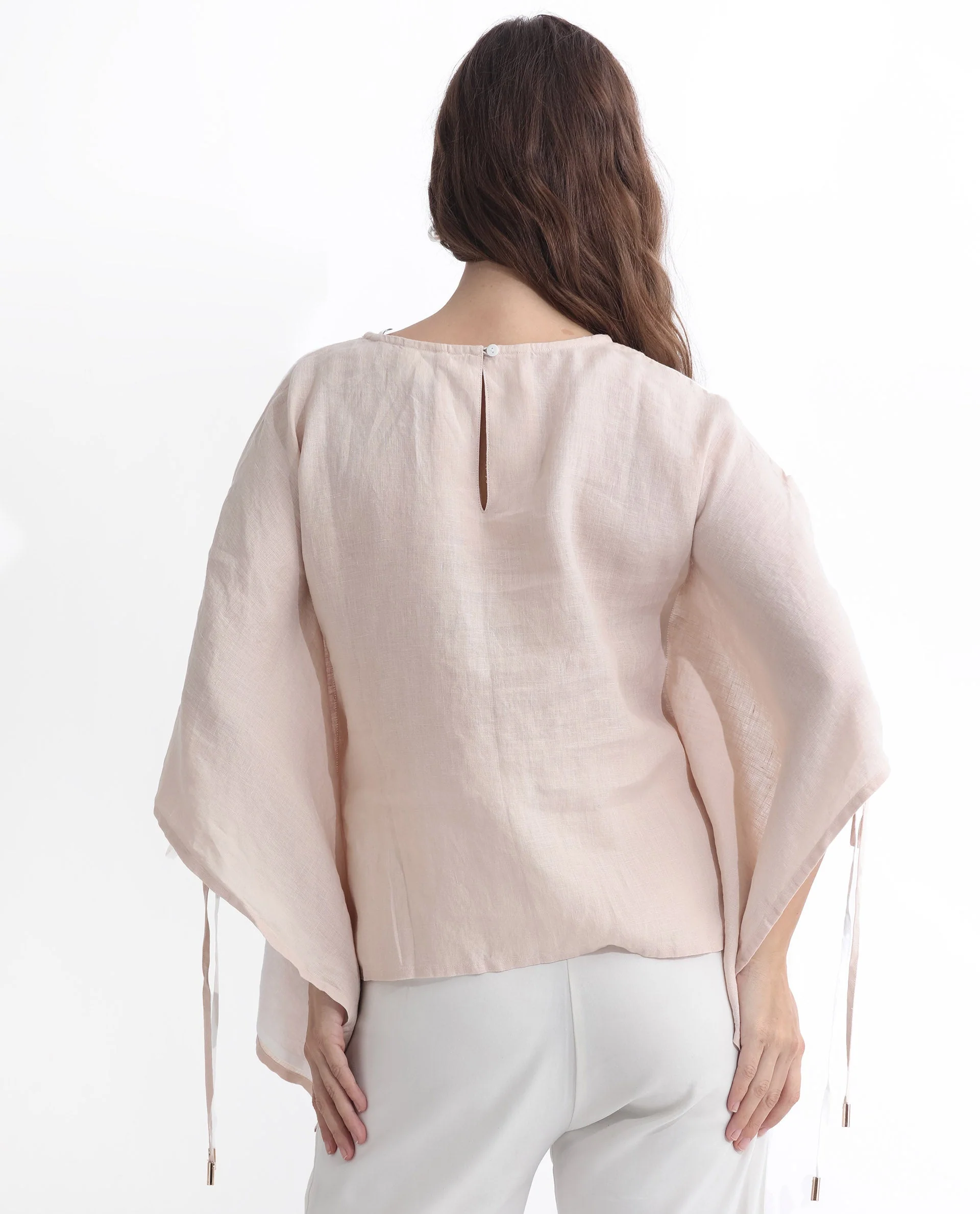 Rareism Women's Safron White Linen Boat Neck Plain Extended Sleeves Regular Fit Top - Image 3