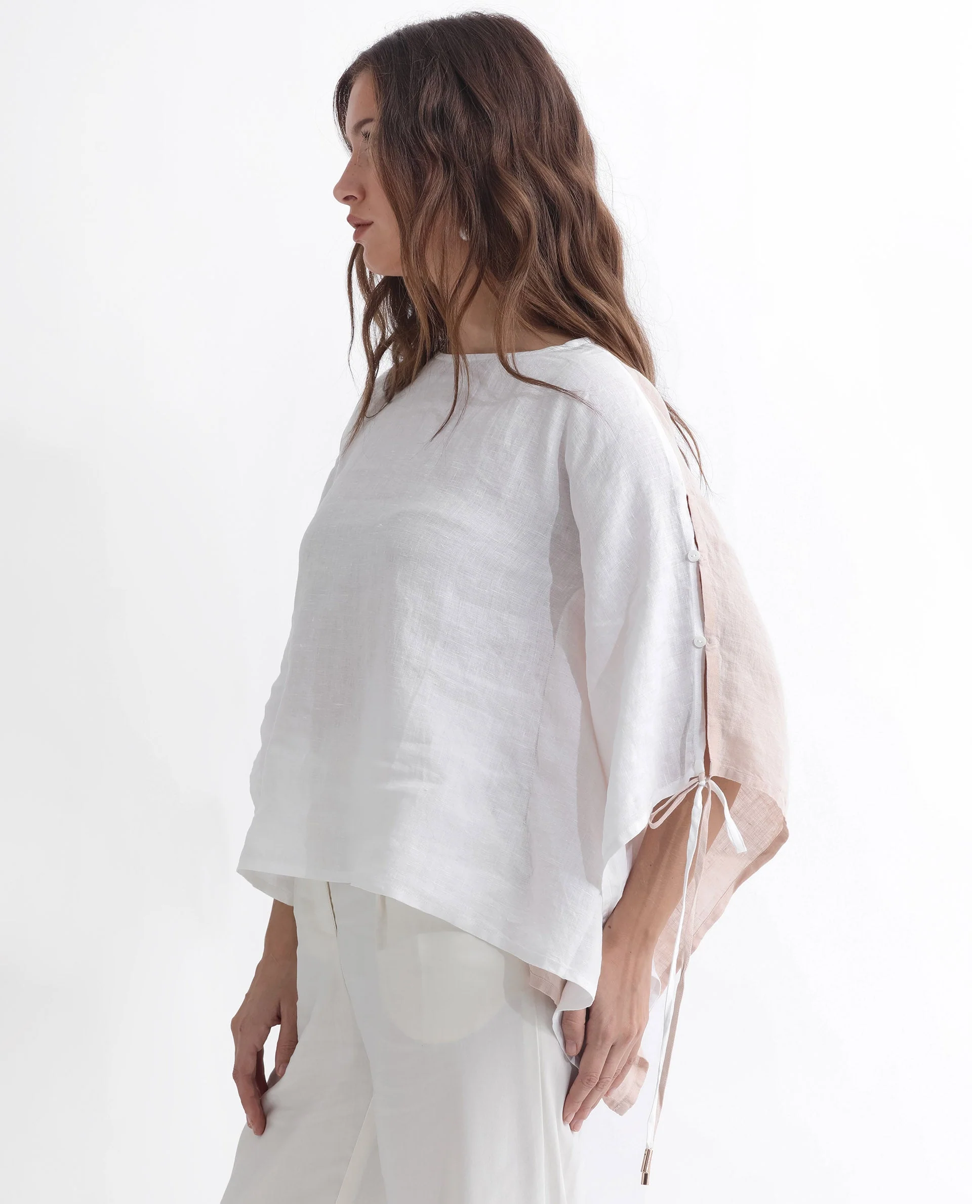 Rareism Women's Safron White Linen Boat Neck Plain Extended Sleeves Regular Fit Top - Image 4