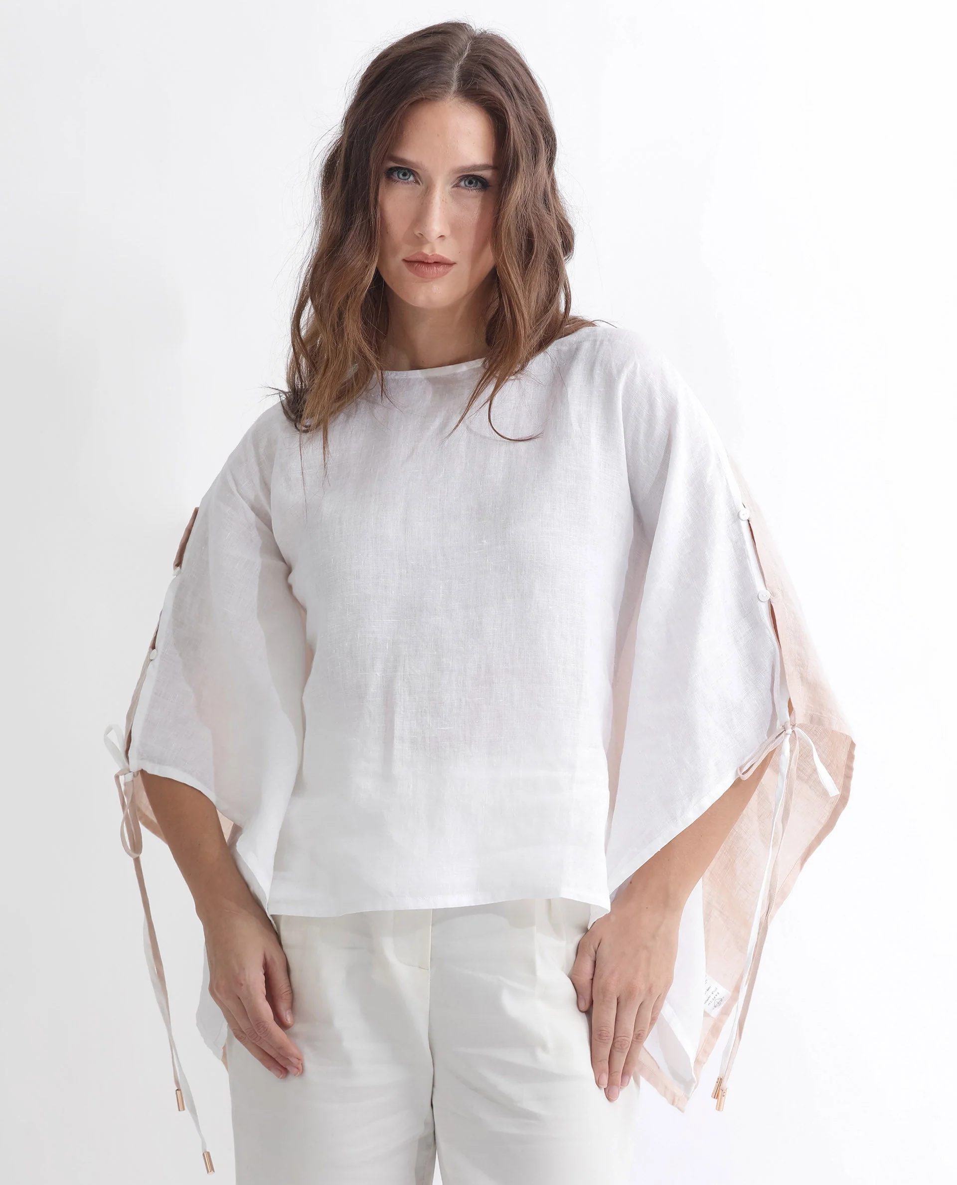 Rareism Women's Safron White Linen Boat Neck Plain Extended Sleeves Regular Fit Top - Image 7