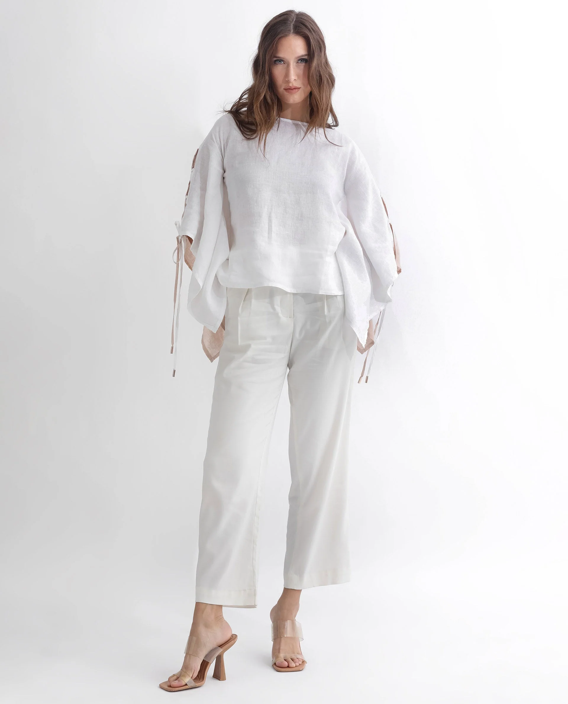 Rareism Women's Safron White Linen Boat Neck Plain Extended Sleeves Regular Fit Top - Image 8
