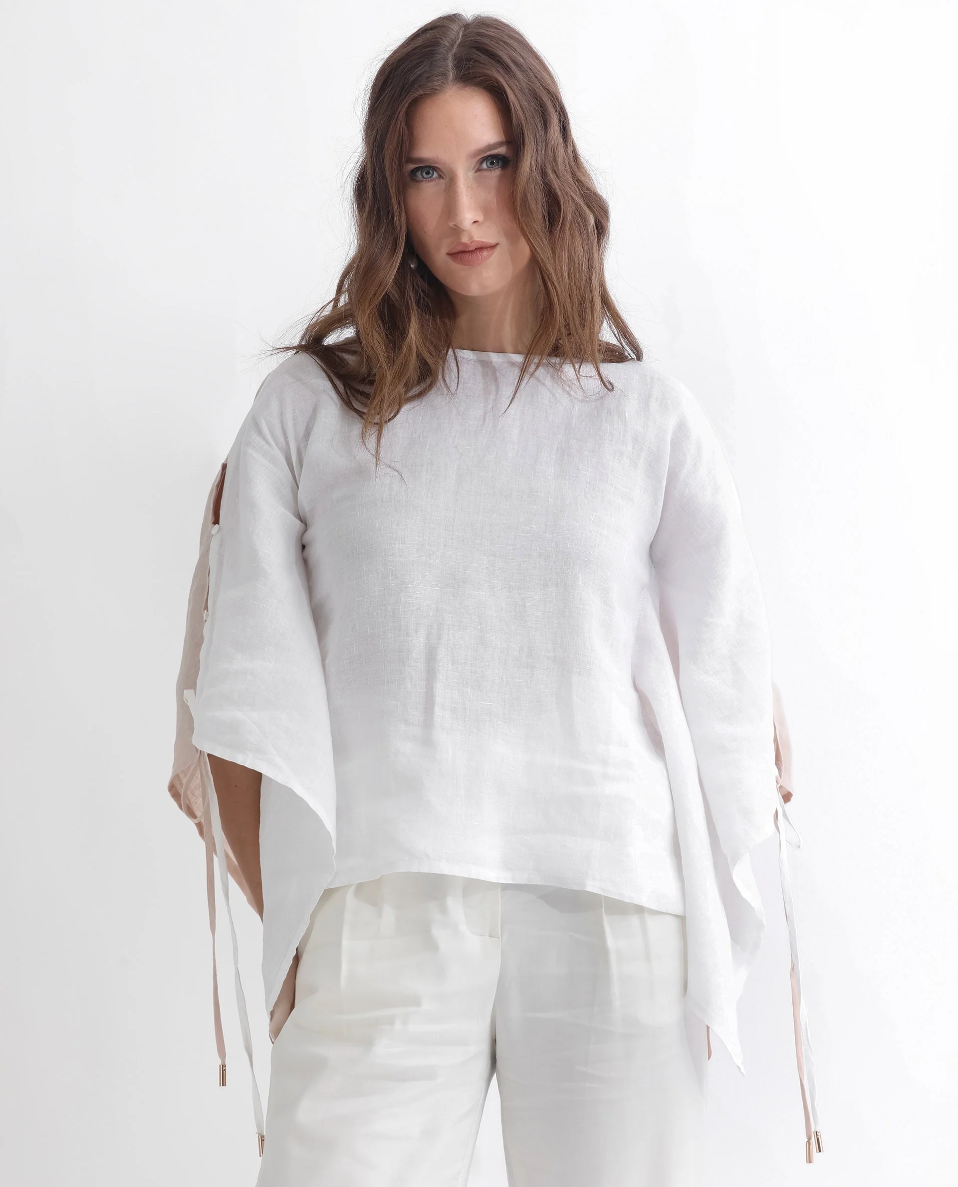 Rareism Women's Safron White Linen Boat Neck Plain Extended Sleeves Regular Fit Top - Image 9