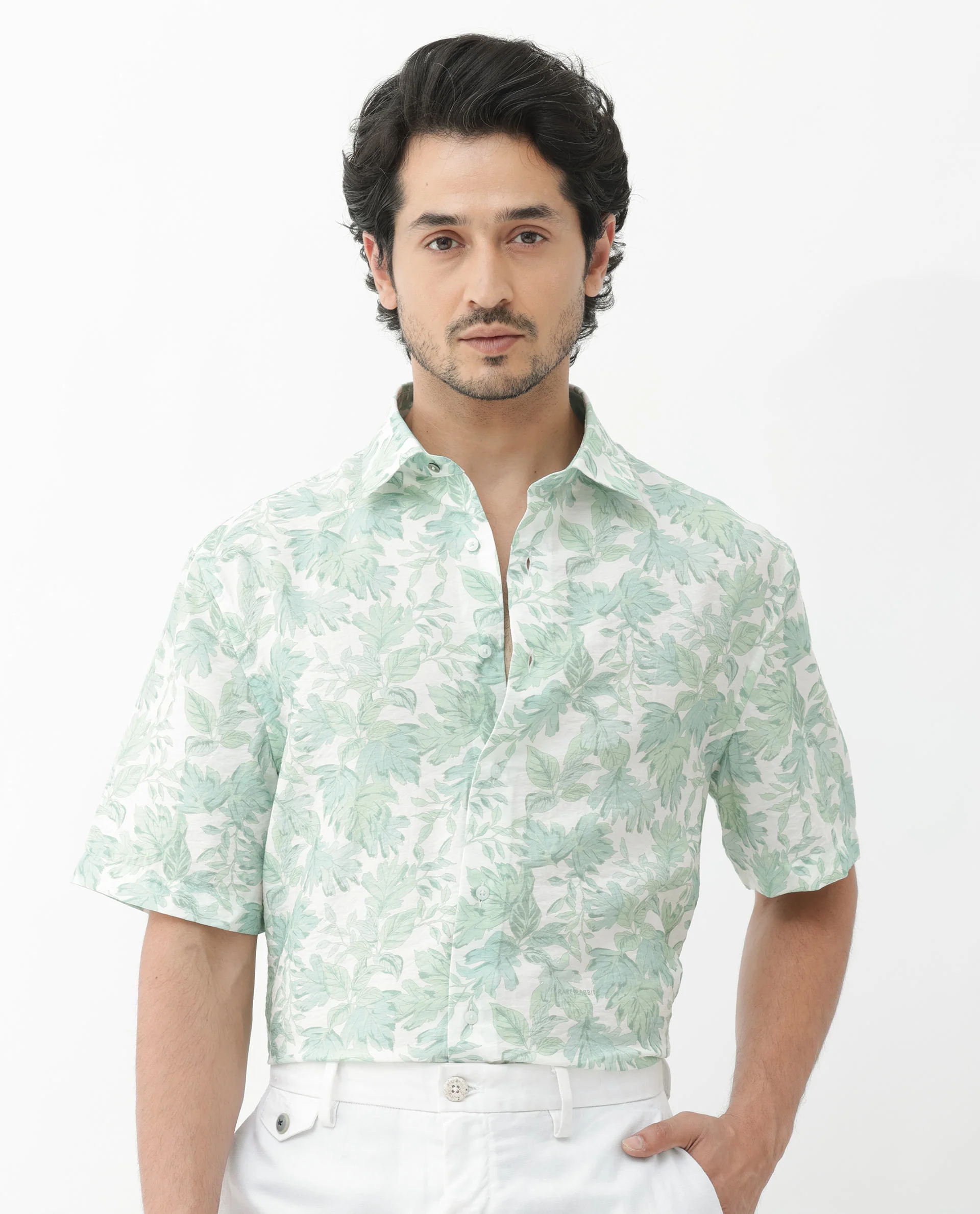 Rare Rabbit Men's Sage Pastel Green Viscose Floral Print Boxy Fit Half Sleeve Collared Shirt
