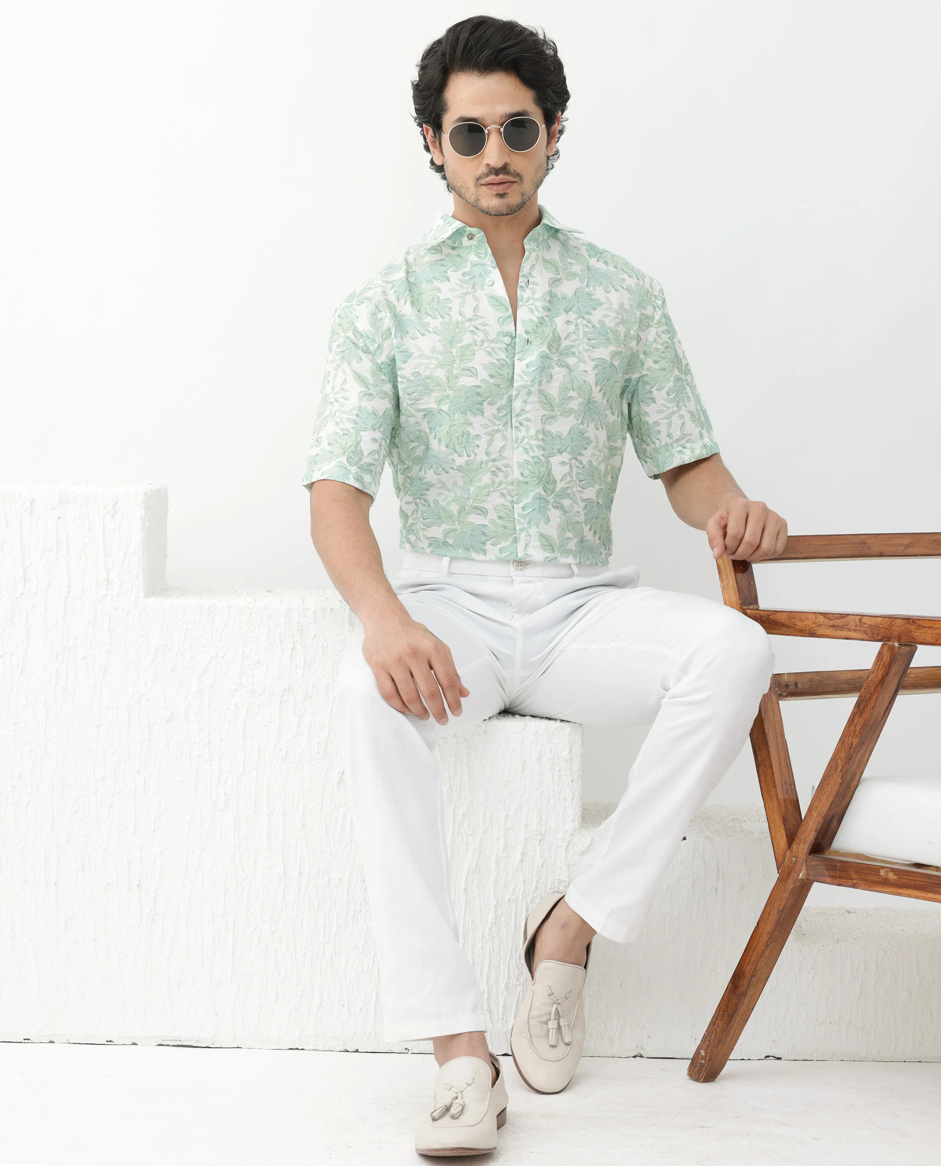 Rare Rabbit Men's Sage Pastel Green Viscose Floral Print Boxy Fit Half Sleeve Collared Shirt - Image 2