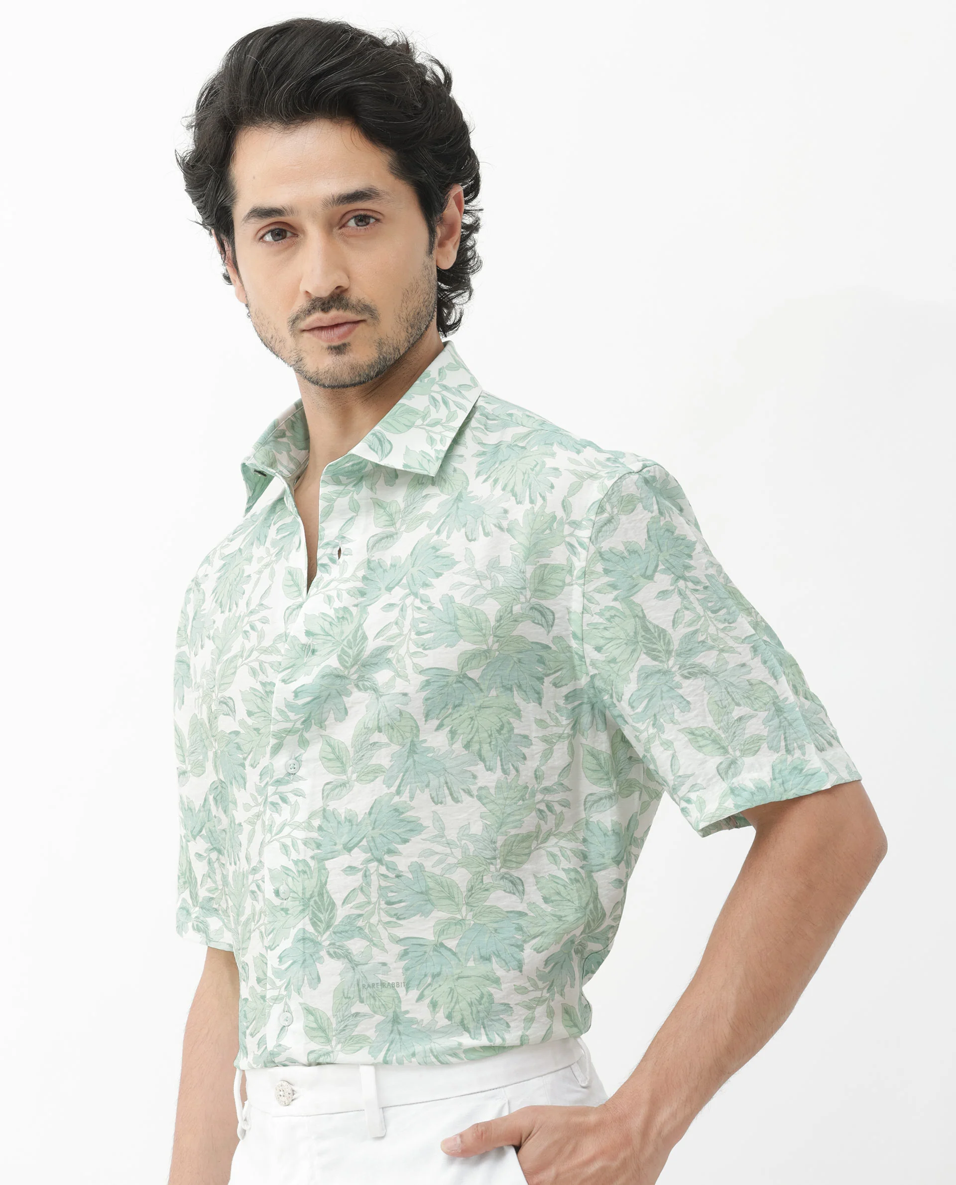 Rare Rabbit Men's Sage Pastel Green Viscose Floral Print Boxy Fit Half Sleeve Collared Shirt - Image 3
