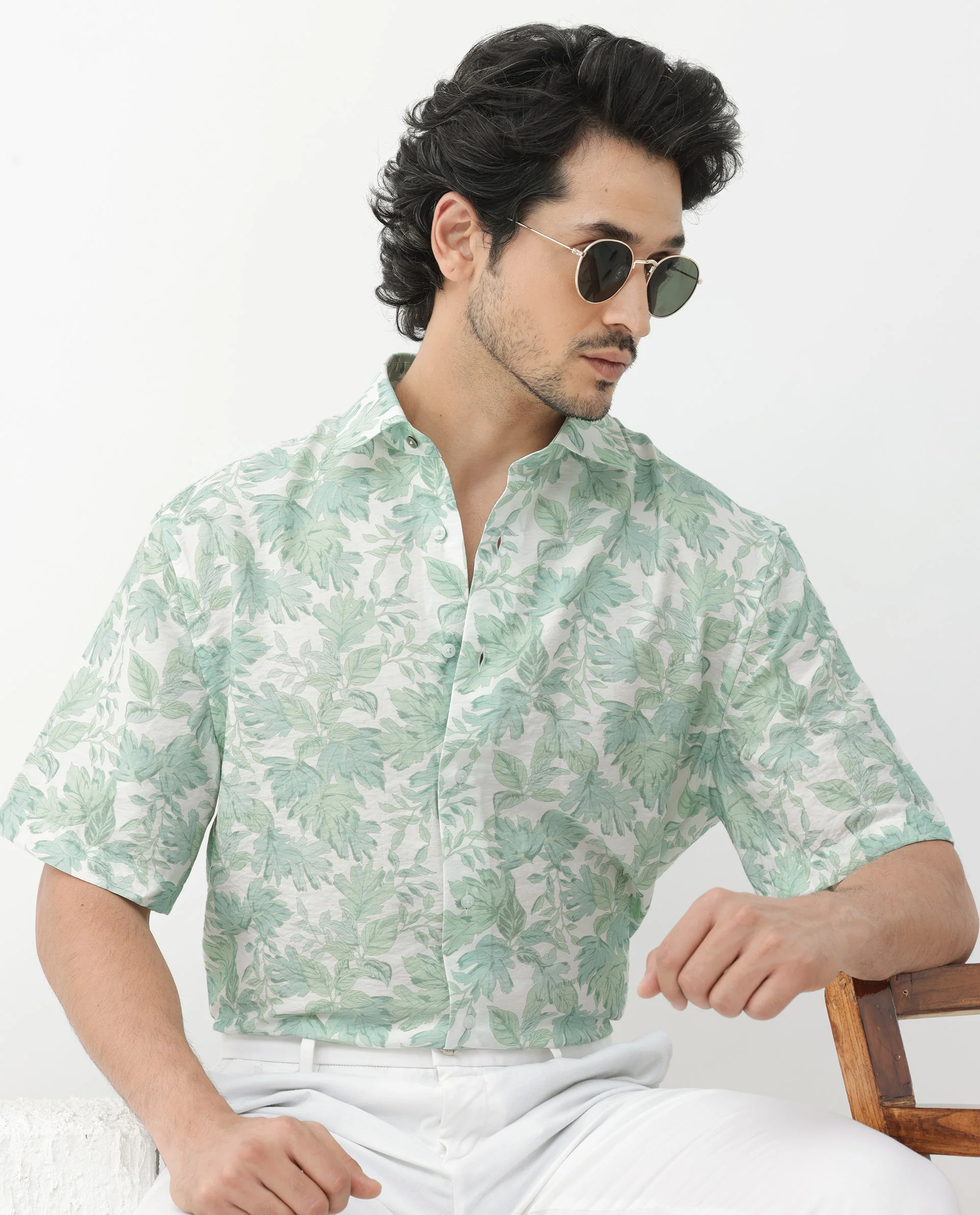 Rare Rabbit Men's Sage Pastel Green Viscose Floral Print Boxy Fit Half Sleeve Collared Shirt - Image 4
