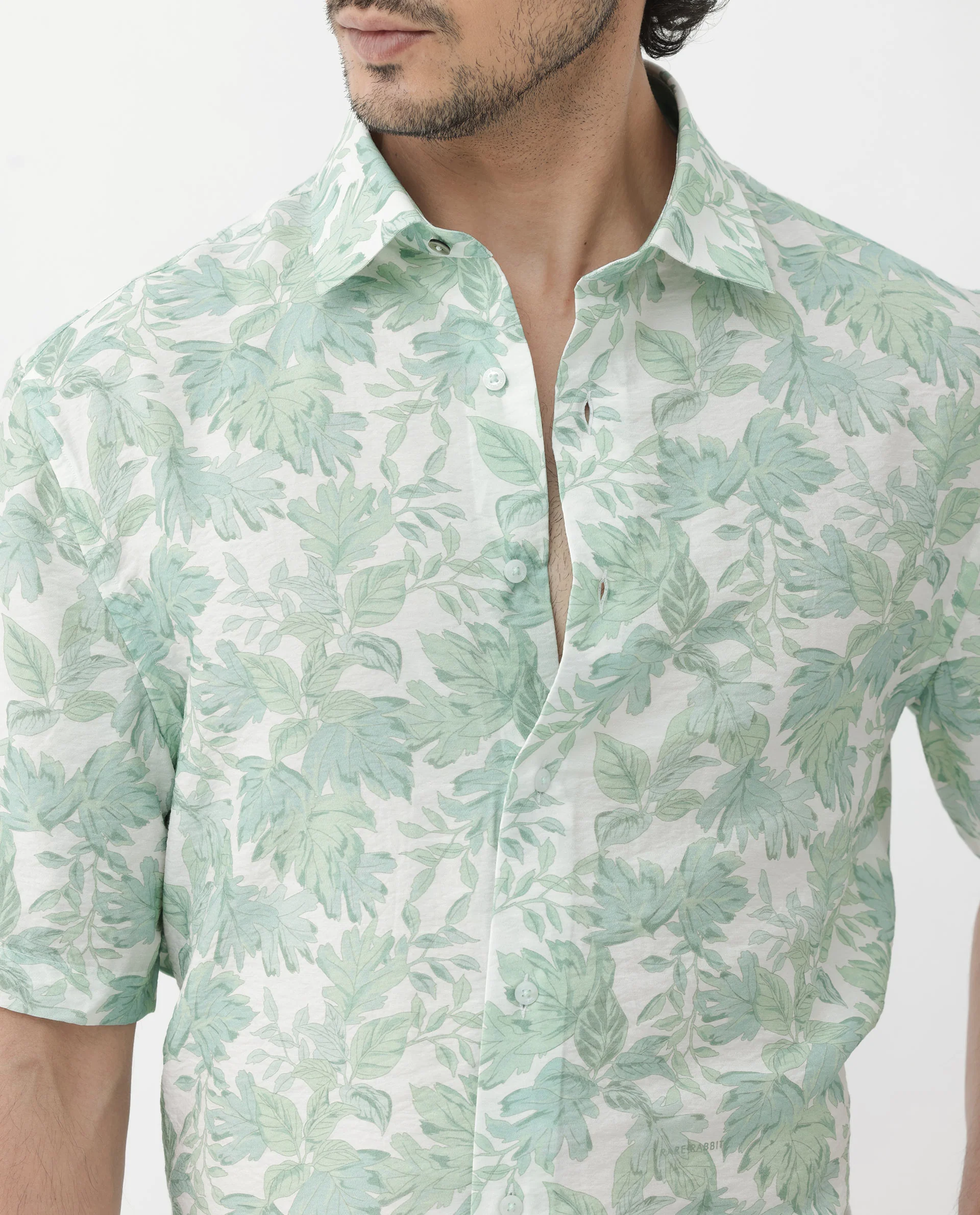 Rare Rabbit Men's Sage Pastel Green Viscose Floral Print Boxy Fit Half Sleeve Collared Shirt - Image 5