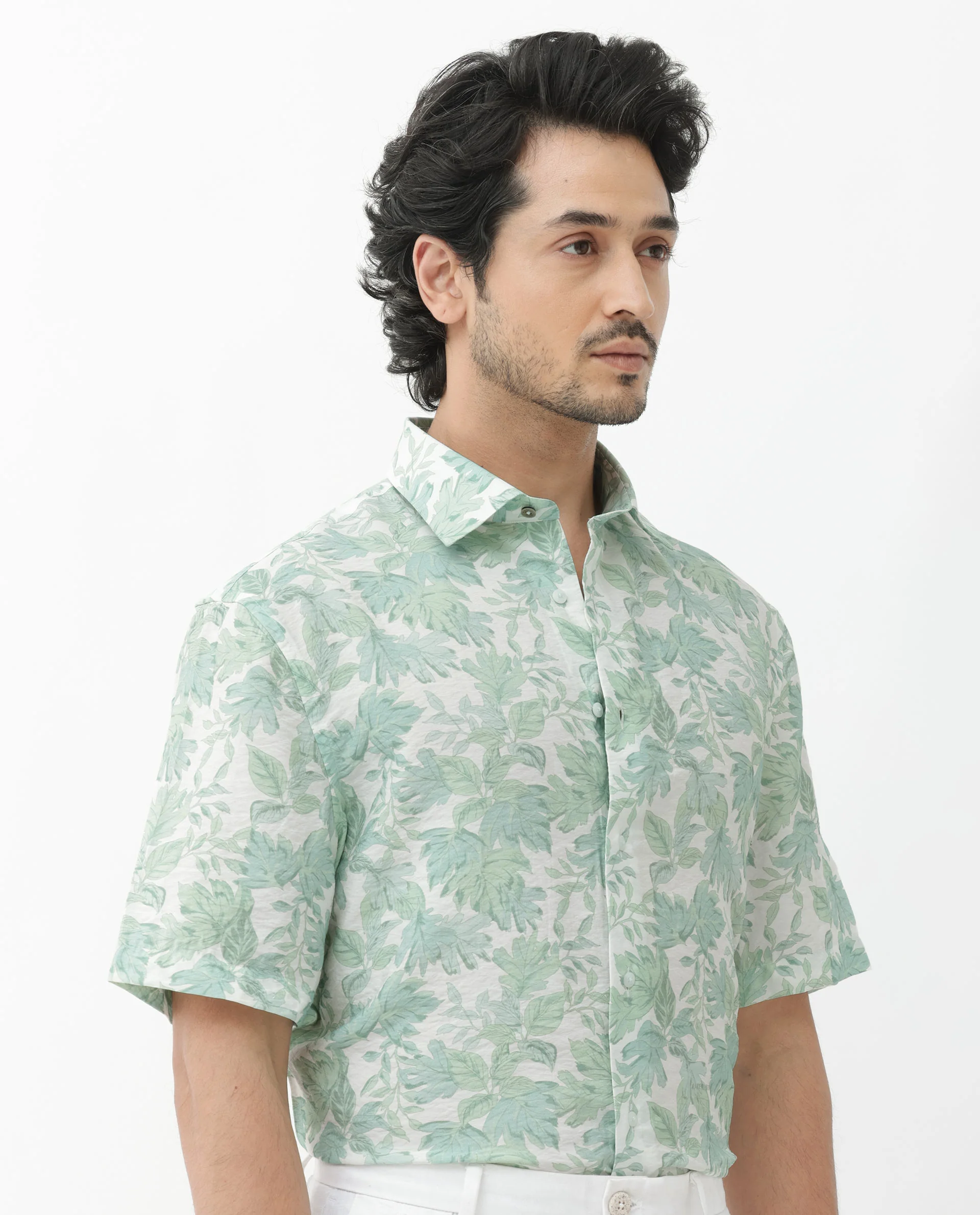 Rare Rabbit Men's Sage Pastel Green Viscose Floral Print Boxy Fit Half Sleeve Collared Shirt - Image 7