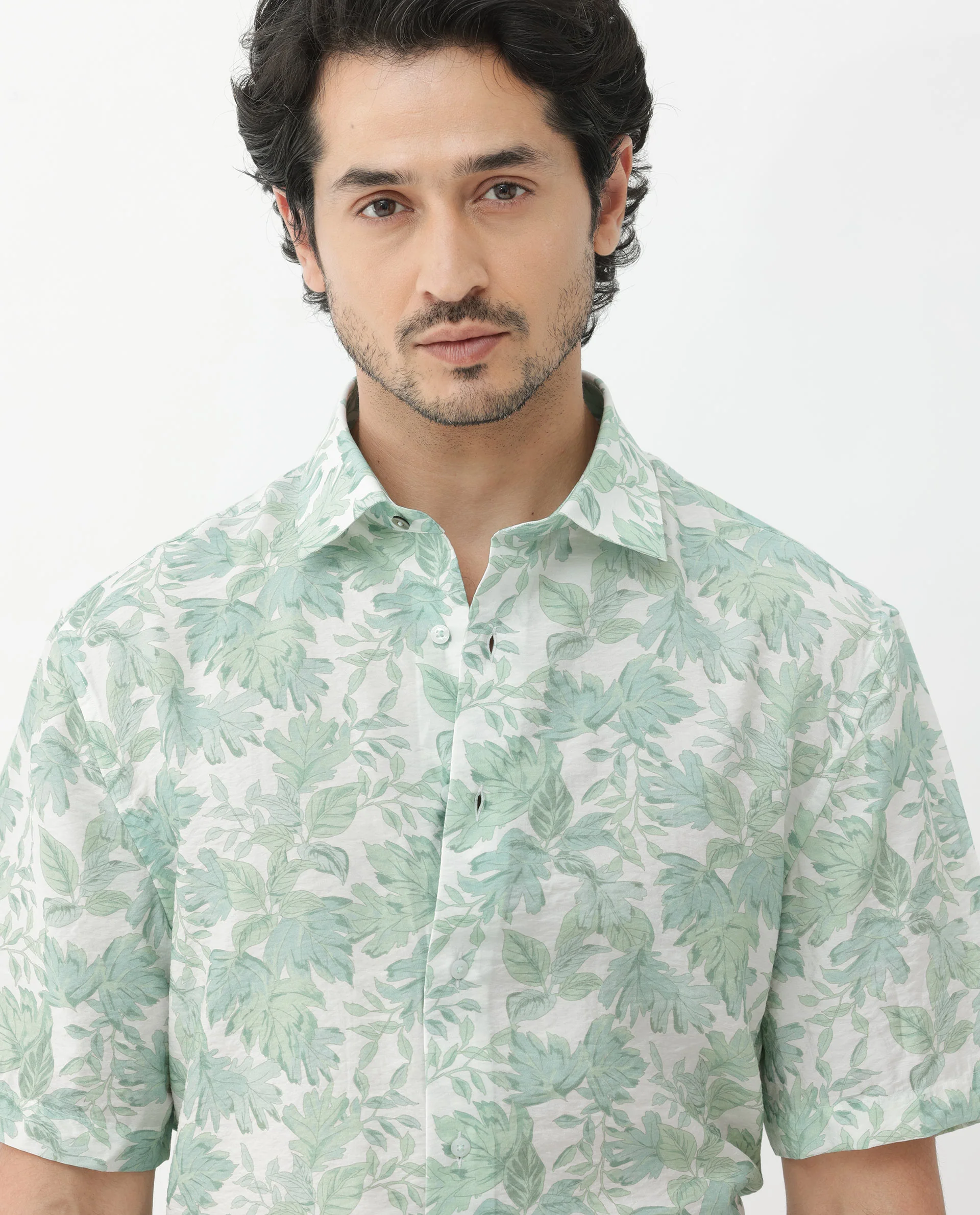 Rare Rabbit Men's Sage Pastel Green Viscose Floral Print Boxy Fit Half Sleeve Collared Shirt - Image 8