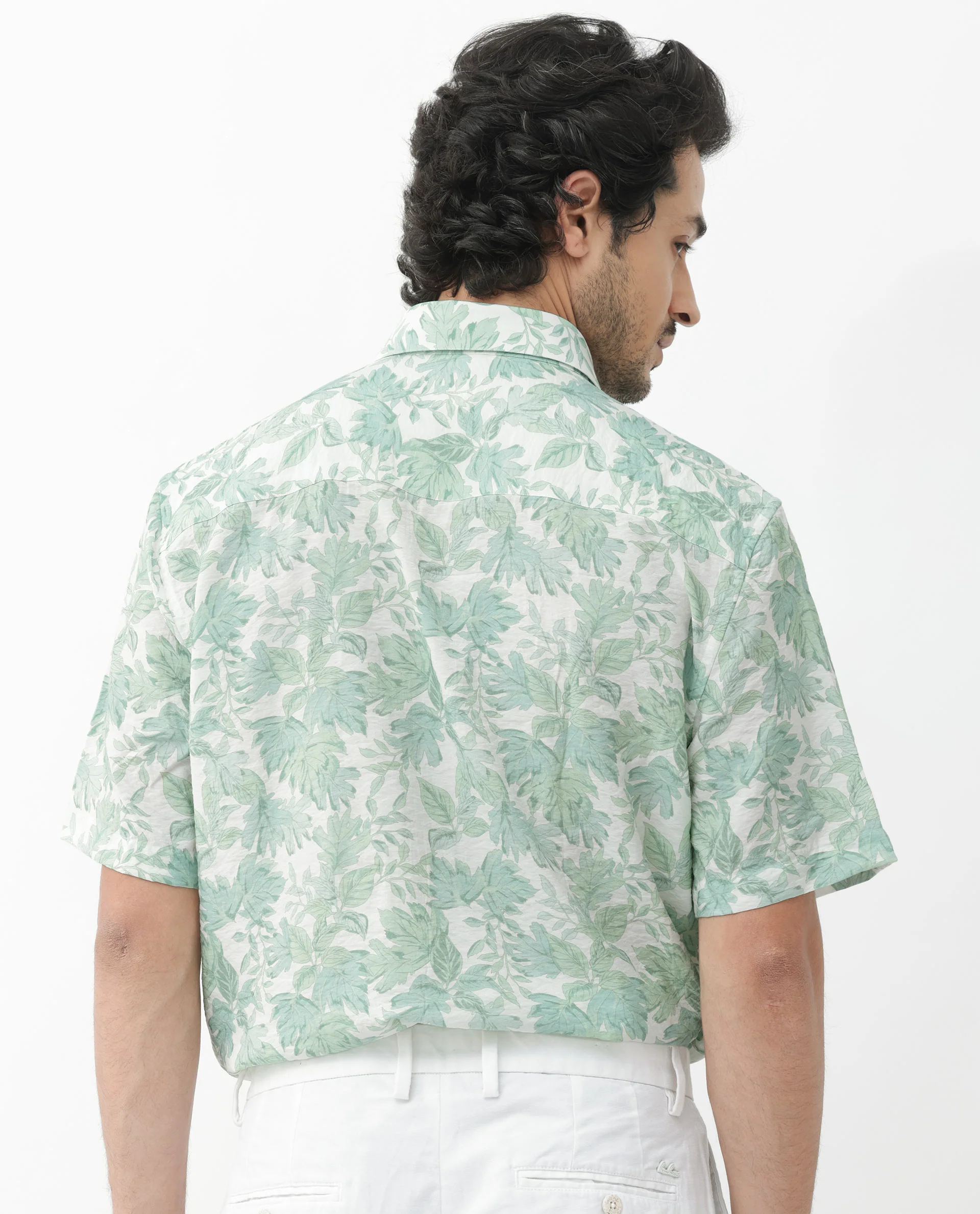 Rare Rabbit Men's Sage Pastel Green Viscose Floral Print Boxy Fit Half Sleeve Collared Shirt - Image 9