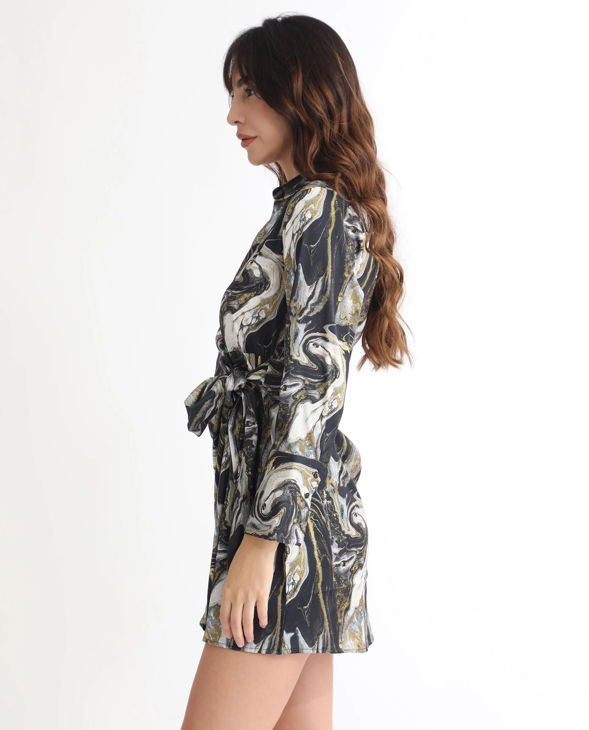 Rareism Women's Sager Black Polyester Spread Collar Abstract Print Mini Regular Fit Dress - Image 10