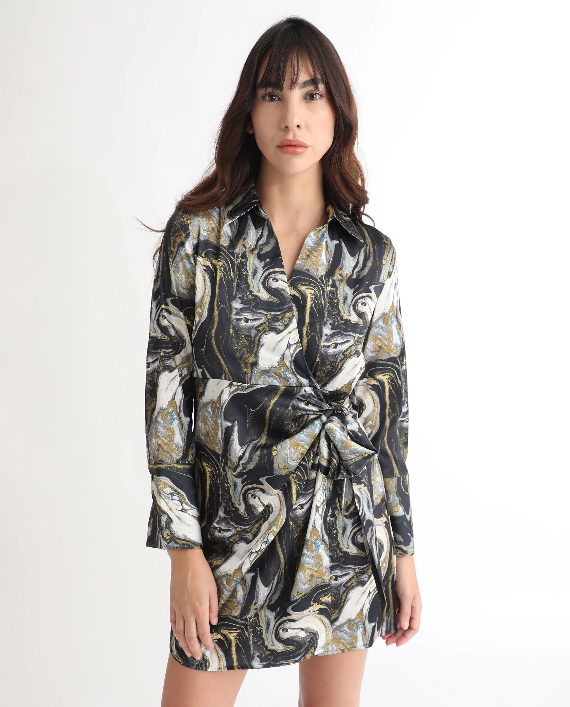 Rareism Women's Sager Black Polyester Spread Collar Abstract Print Mini Regular Fit Dress - Image 11