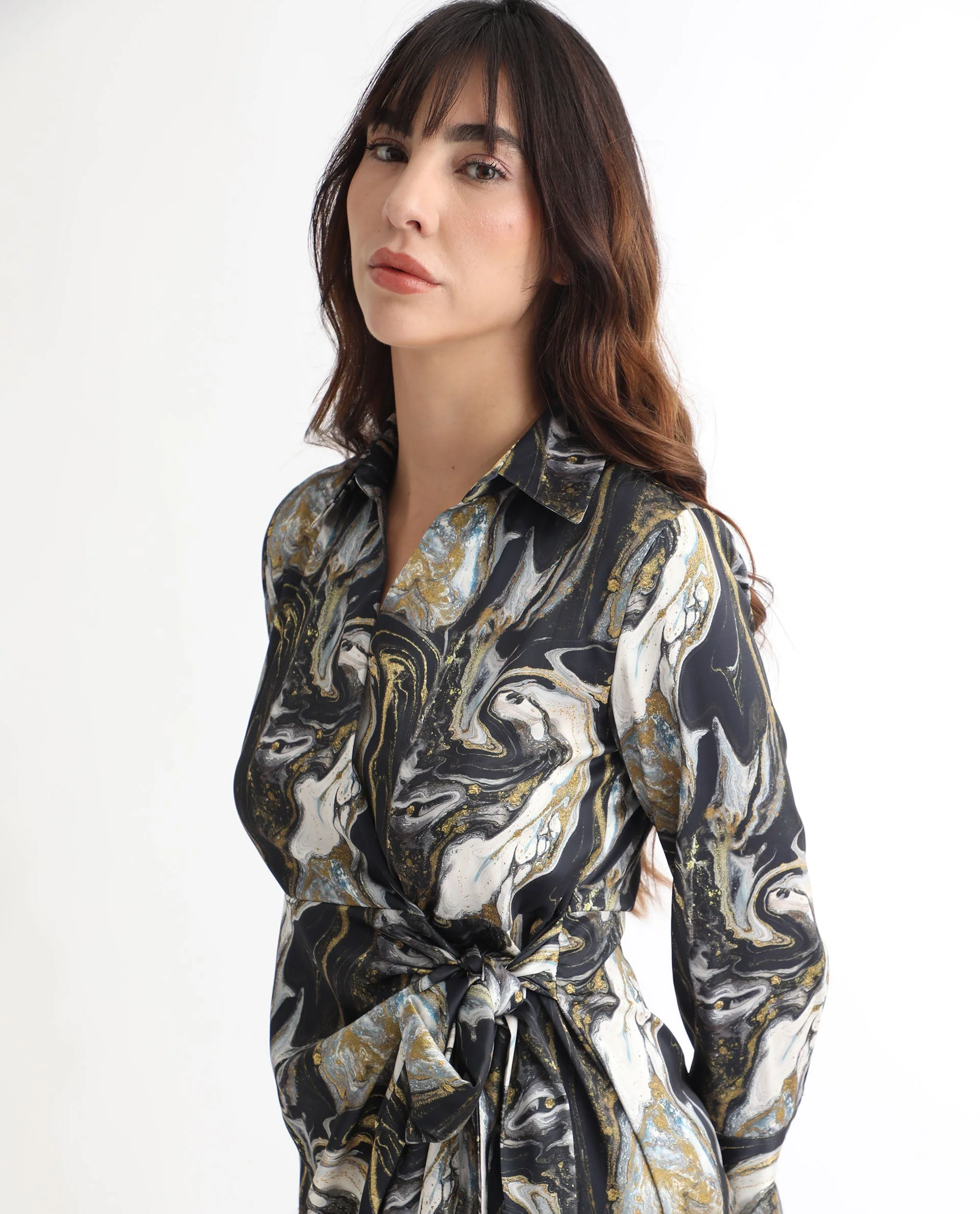 Rareism Women's Sager Black Polyester Spread Collar Abstract Print Mini Regular Fit Dress - Image 12