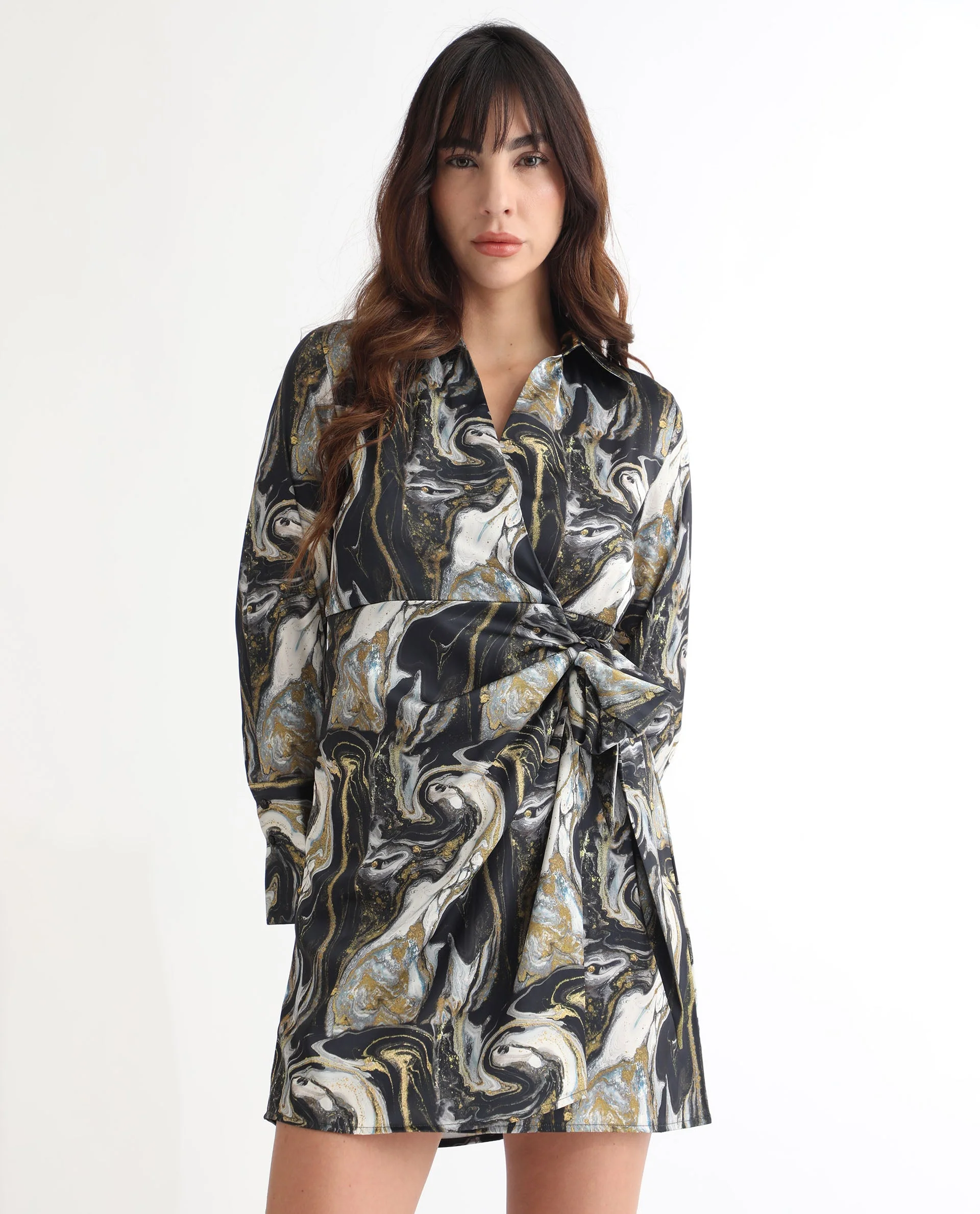 Rareism Women's Sager Black Polyester Spread Collar Abstract Print Mini Regular Fit Dress - Image 13
