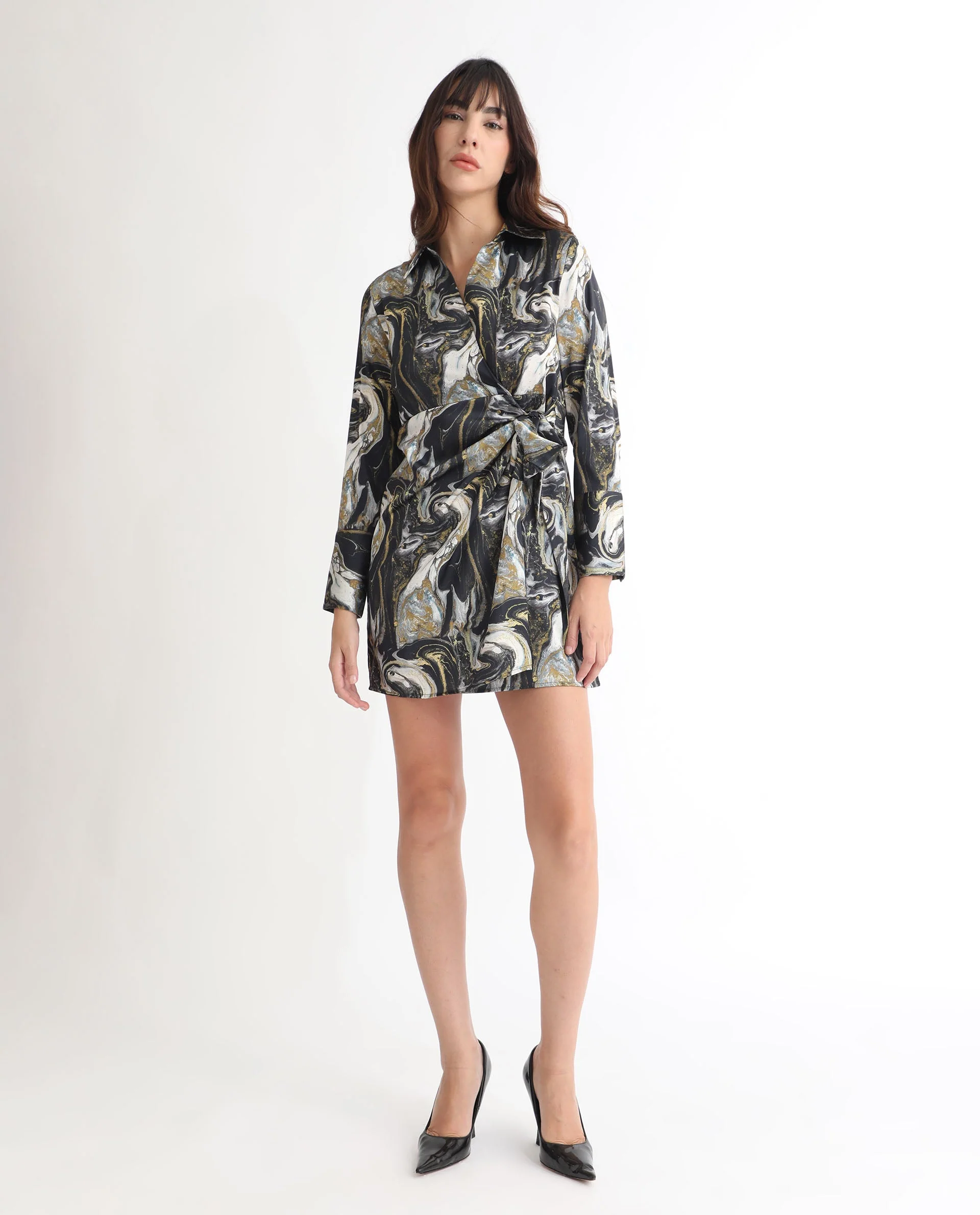 Rareism Women's Sager Black Polyester Spread Collar Abstract Print Mini Regular Fit Dress - Image 14