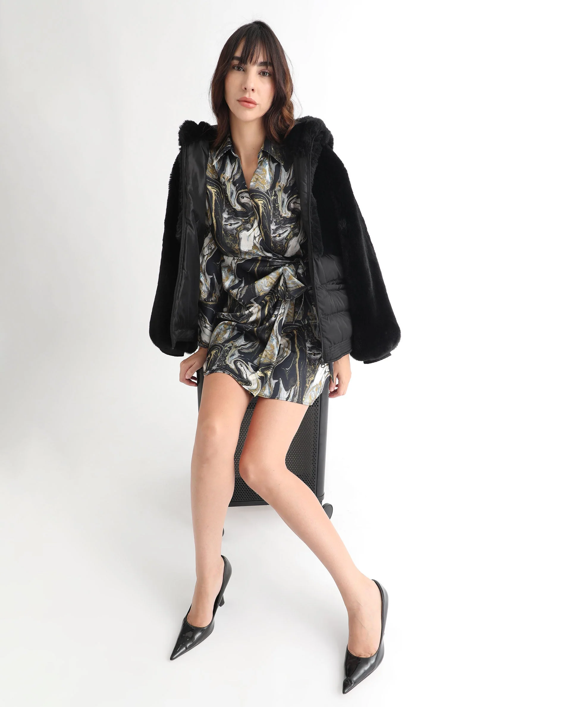 Rareism Women's Sager Black Polyester Spread Collar Abstract Print Mini Regular Fit Dress - Image 15