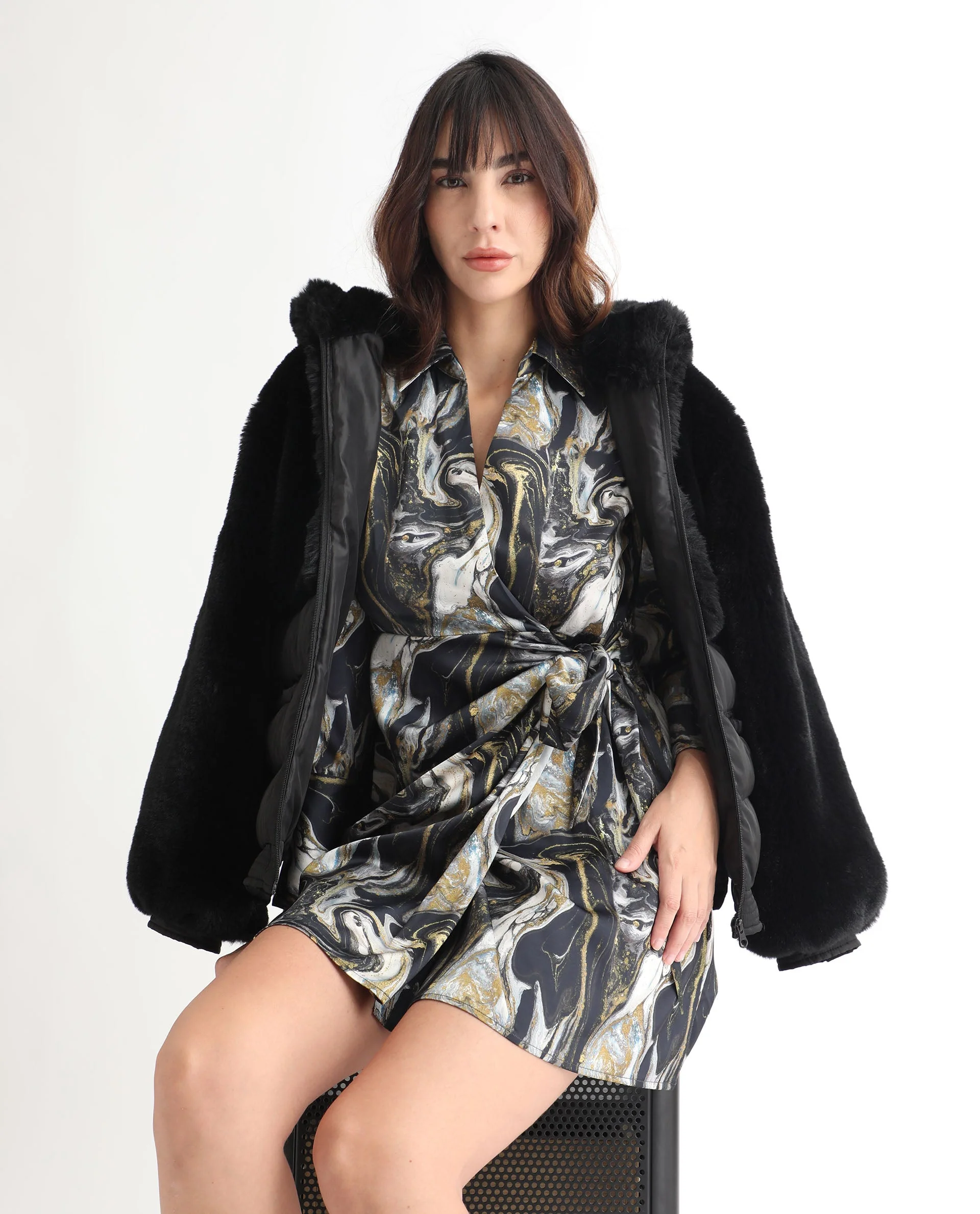 Rareism Women's Sager Black Polyester Spread Collar Abstract Print Mini Regular Fit Dress - Image 16