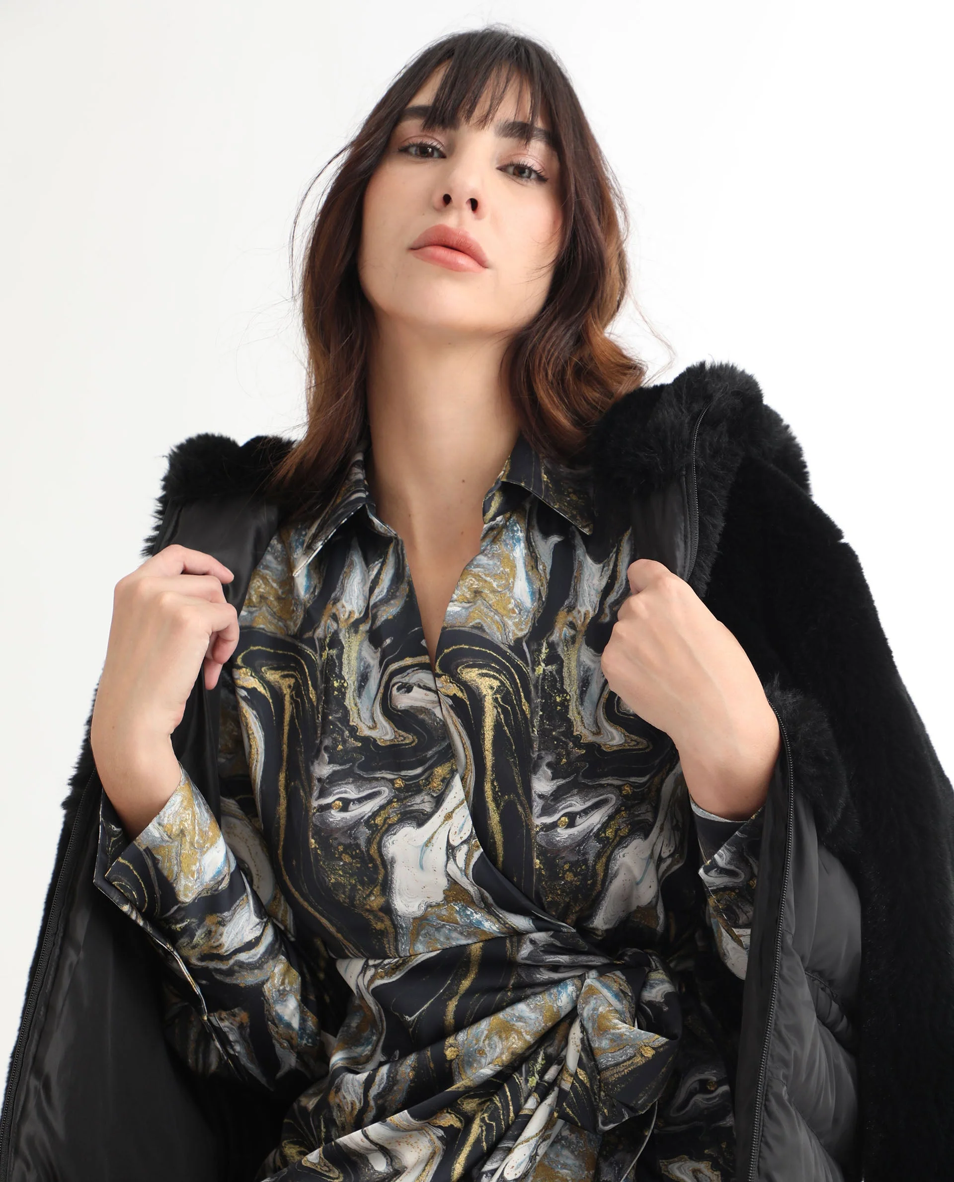 Rareism Women's Sager Black Polyester Spread Collar Abstract Print Mini Regular Fit Dress - Image 17