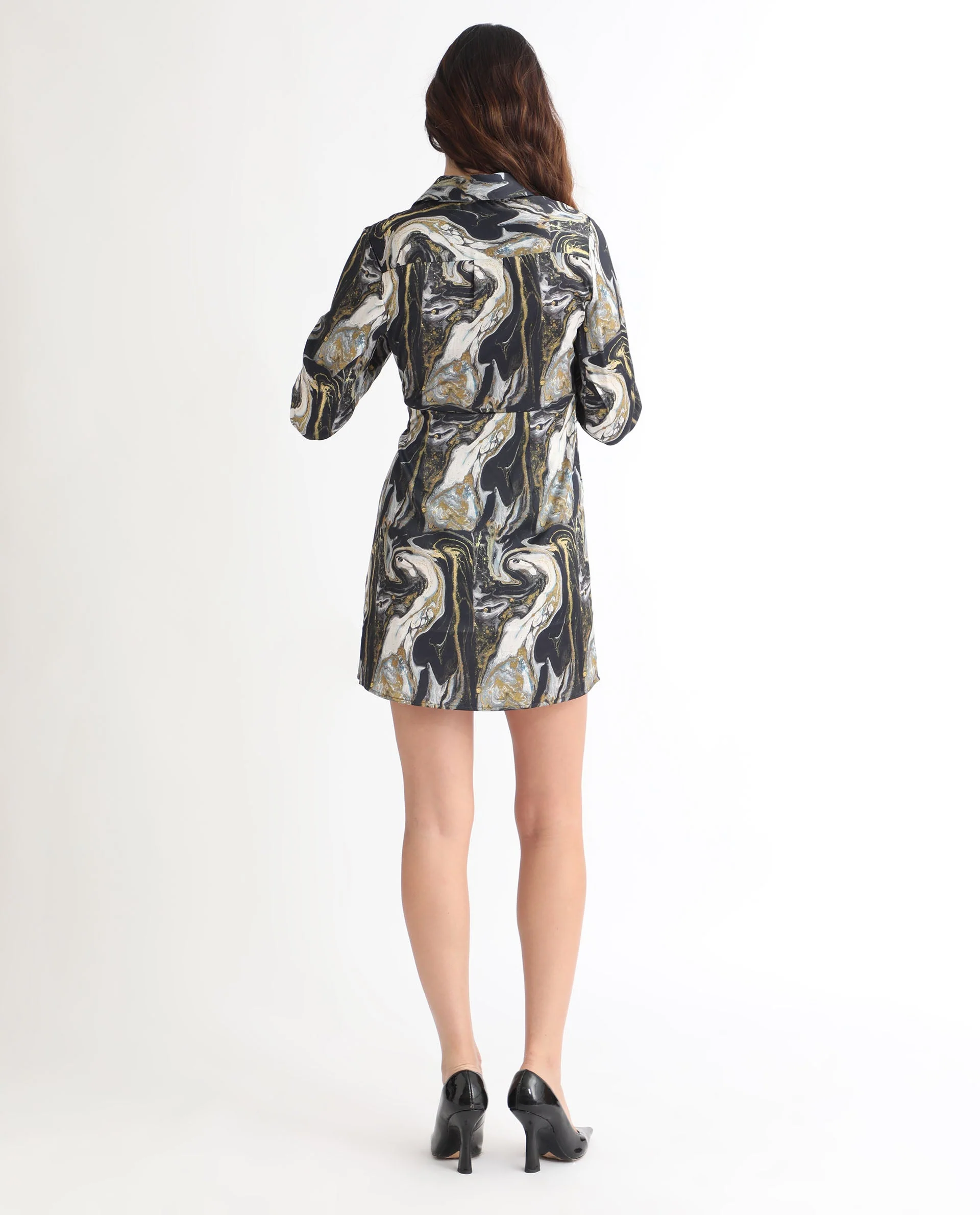 Rareism Women's Sager Black Polyester Spread Collar Abstract Print Mini Regular Fit Dress - Image 18