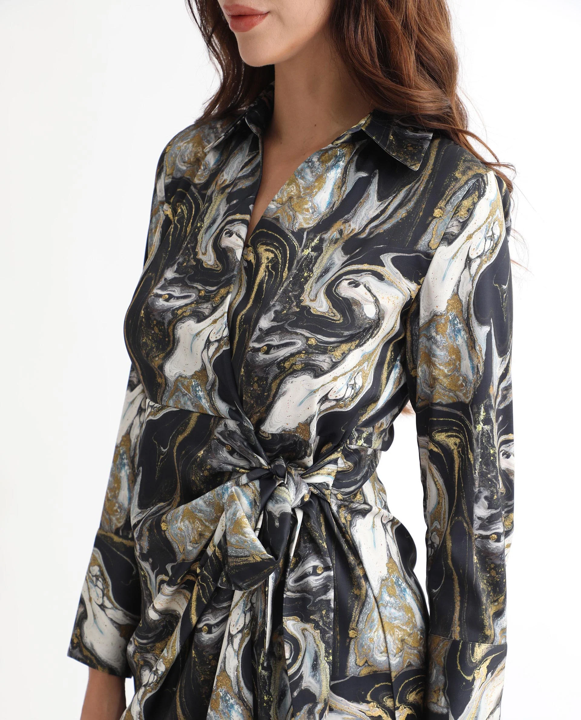 Rareism Women's Sager Black Polyester Spread Collar Abstract Print Mini Regular Fit Dress - Image 2