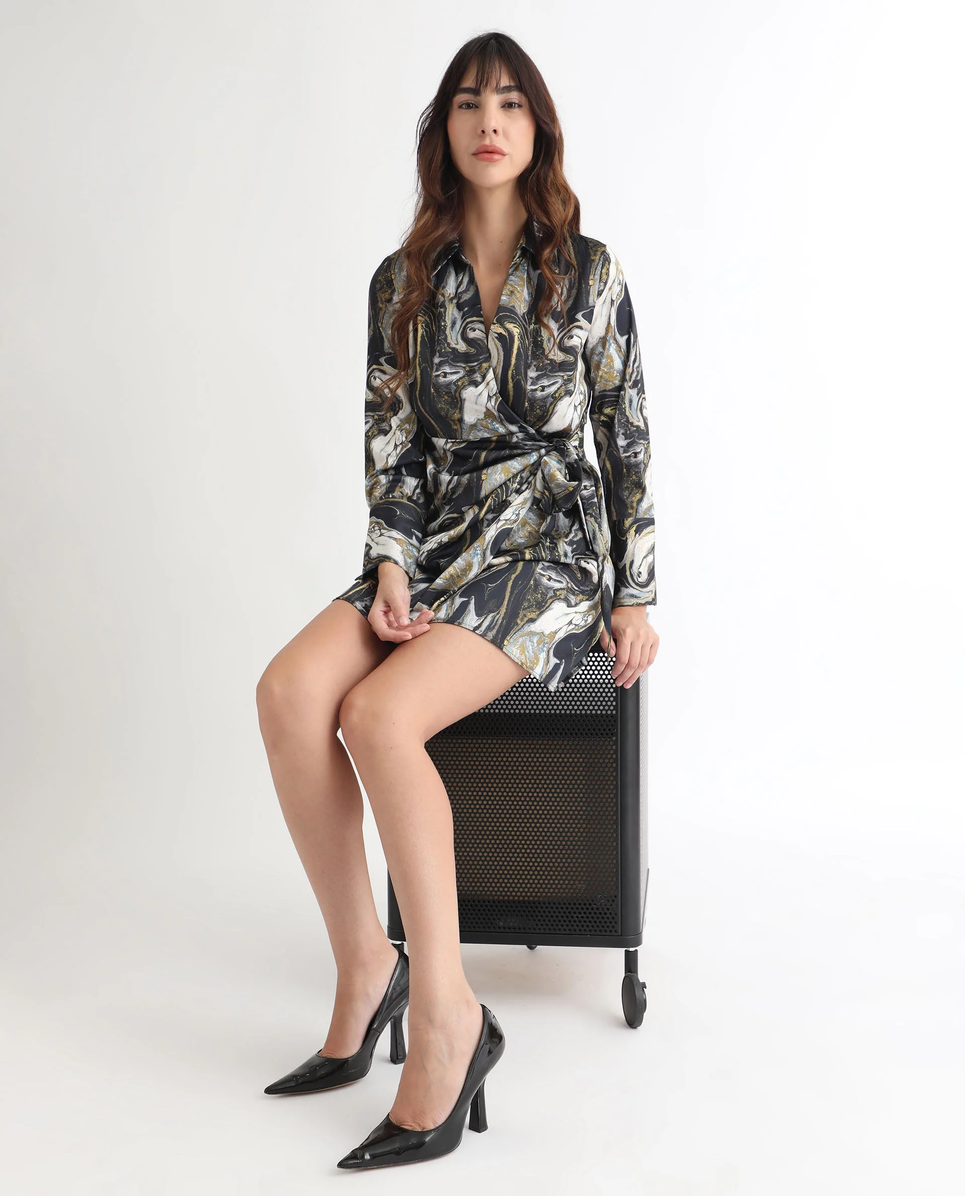 Rareism Women's Sager Black Polyester Spread Collar Abstract Print Mini Regular Fit Dress - Image 3