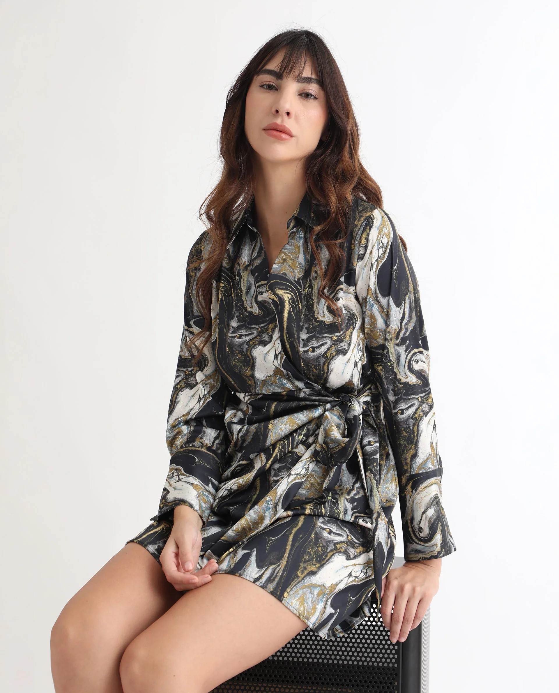 Rareism Women's Sager Black Polyester Spread Collar Abstract Print Mini Regular Fit Dress - Image 4