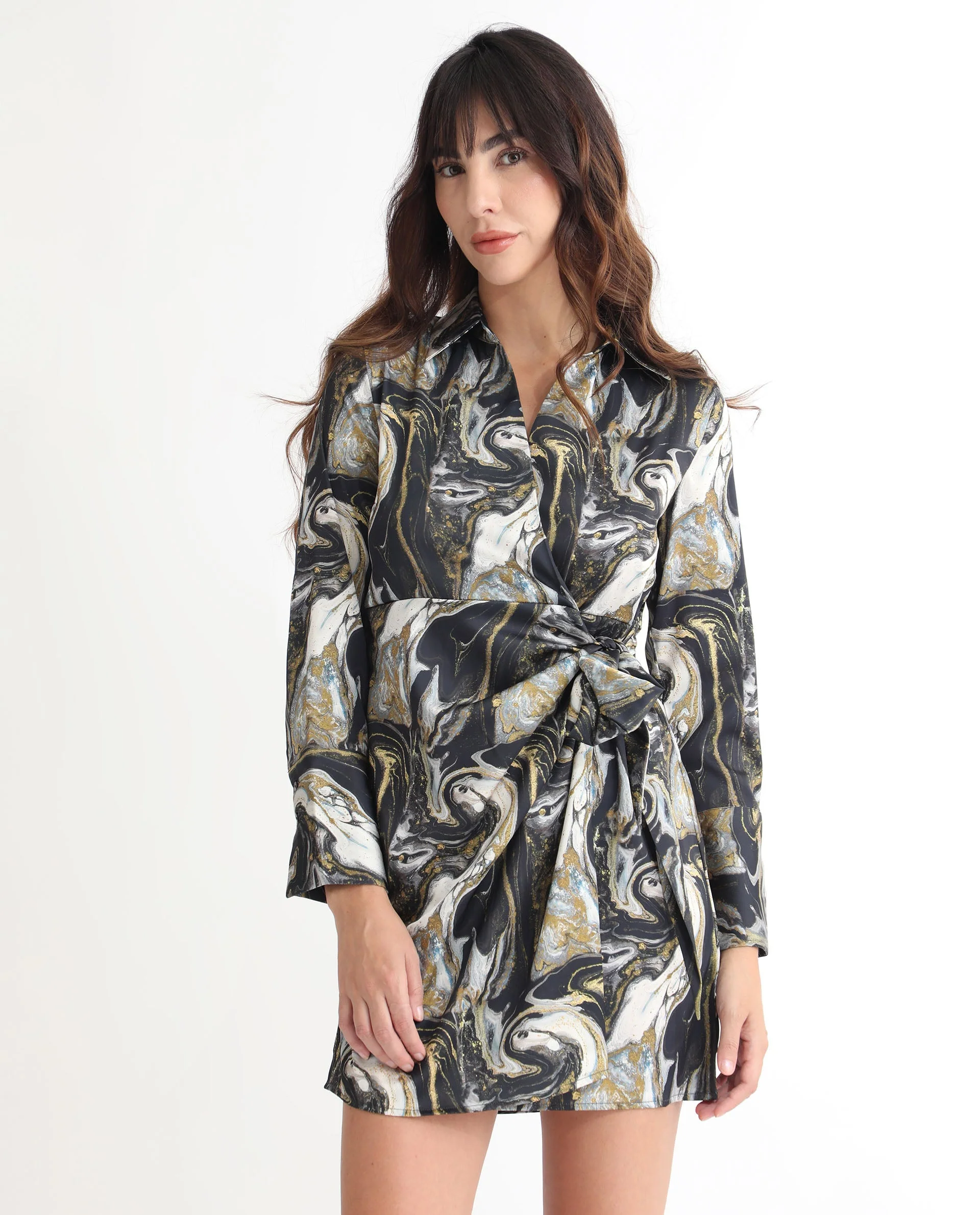 Rareism Women's Sager Black Polyester Spread Collar Abstract Print Mini Regular Fit Dress - Image 5