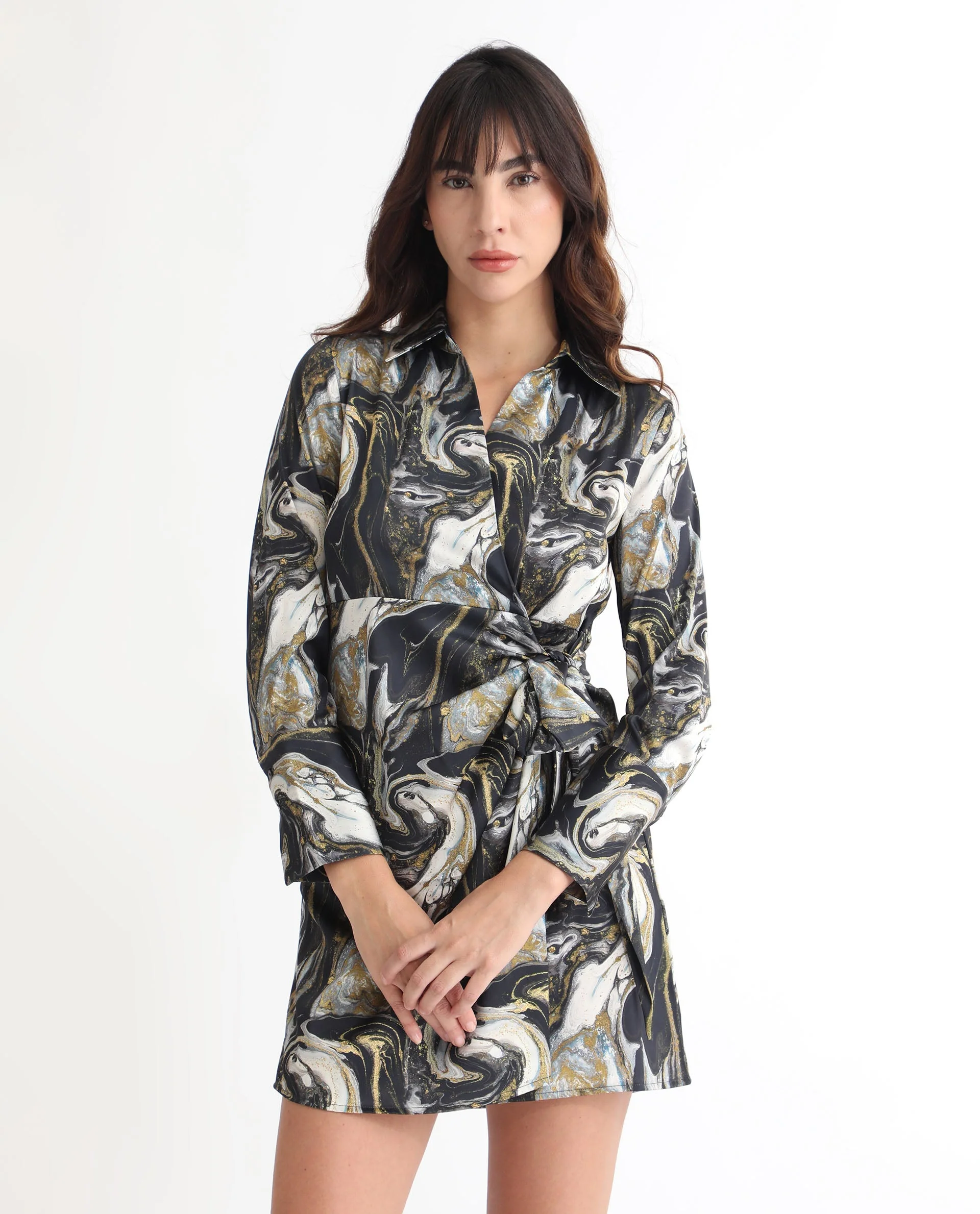 Rareism Women's Sager Black Polyester Spread Collar Abstract Print Mini Regular Fit Dress - Image 9