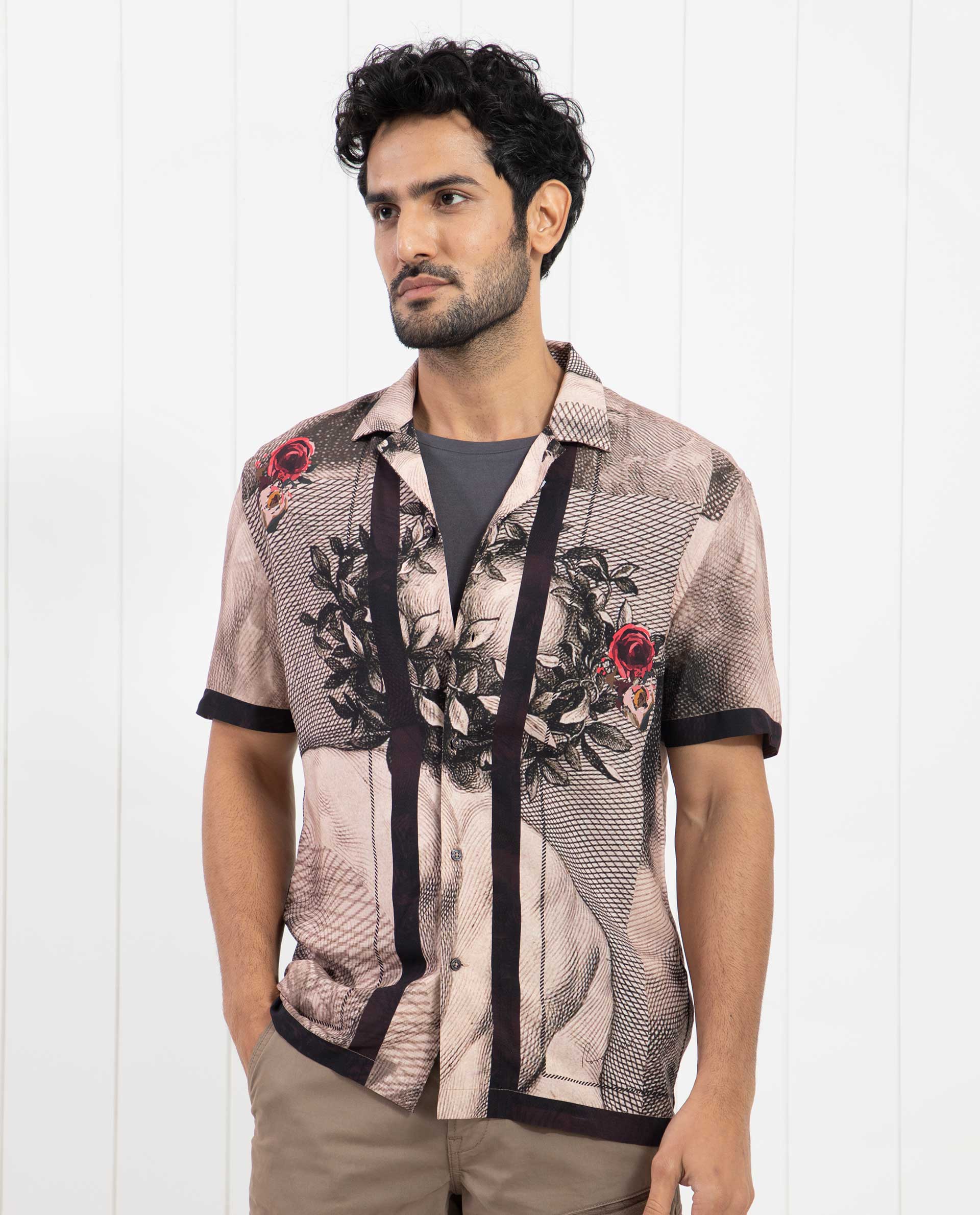 Rare Rabbit Men's Sagua Beige Viscose Floral Print Regular Fit Half Sleeve Cuban Collar Shirt