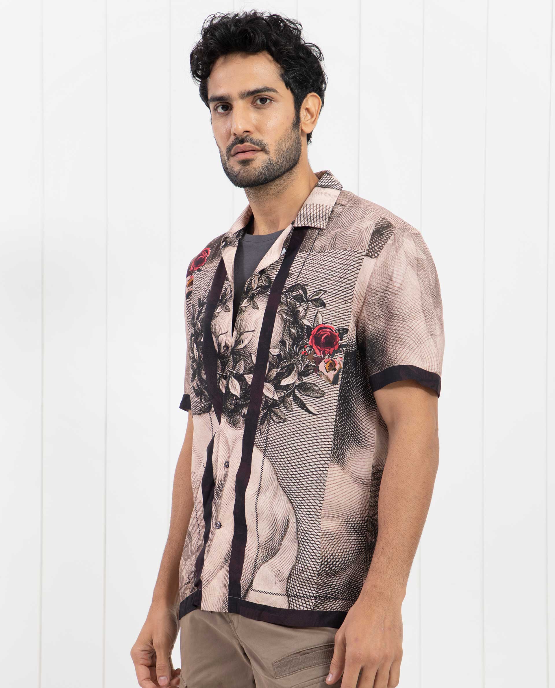 Rare Rabbit Men's Sagua Beige Viscose Floral Print Regular Fit Half Sleeve Cuban Collar Shirt - Image 3