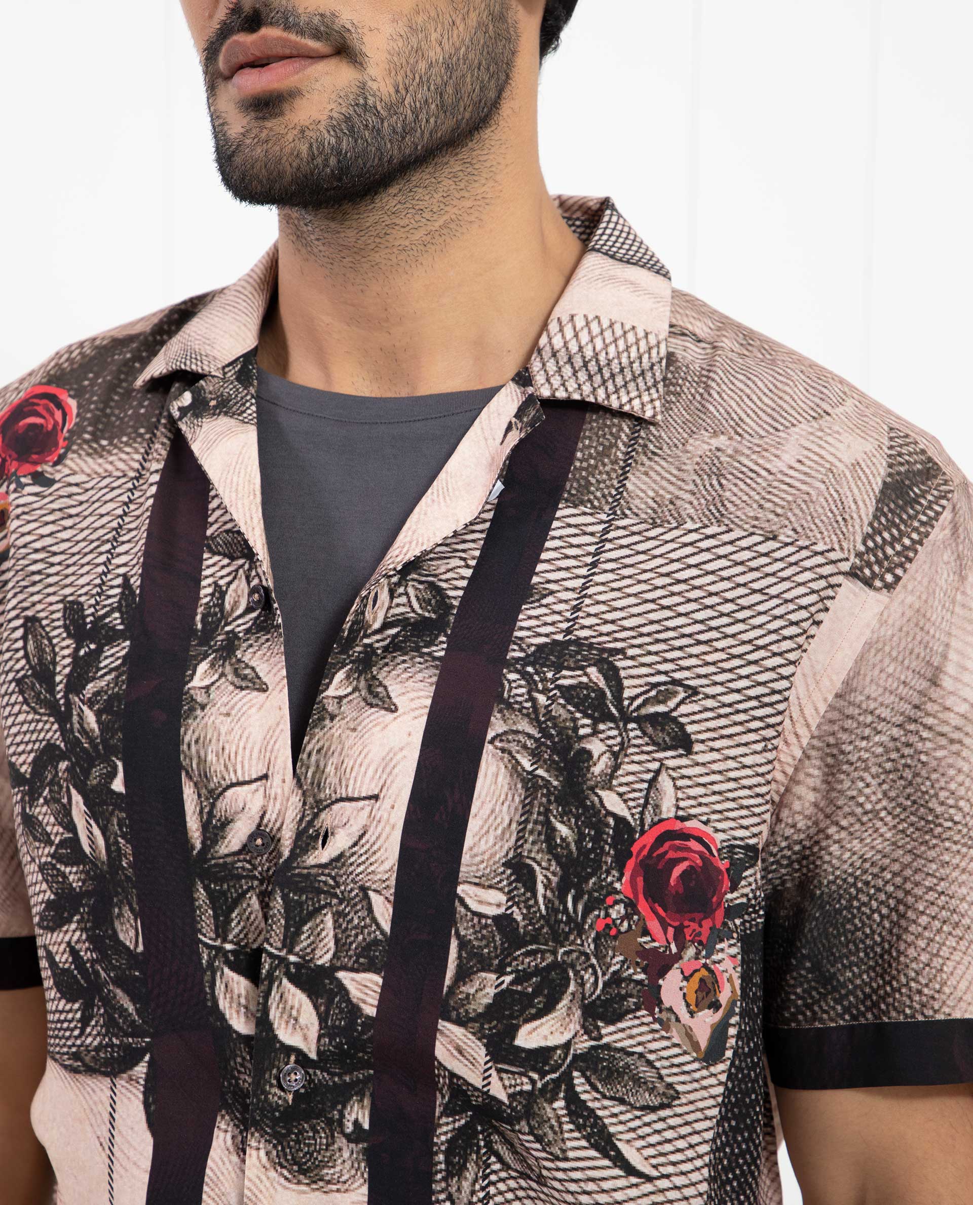 Rare Rabbit Men's Sagua Beige Viscose Floral Print Regular Fit Half Sleeve Cuban Collar Shirt - Image 4