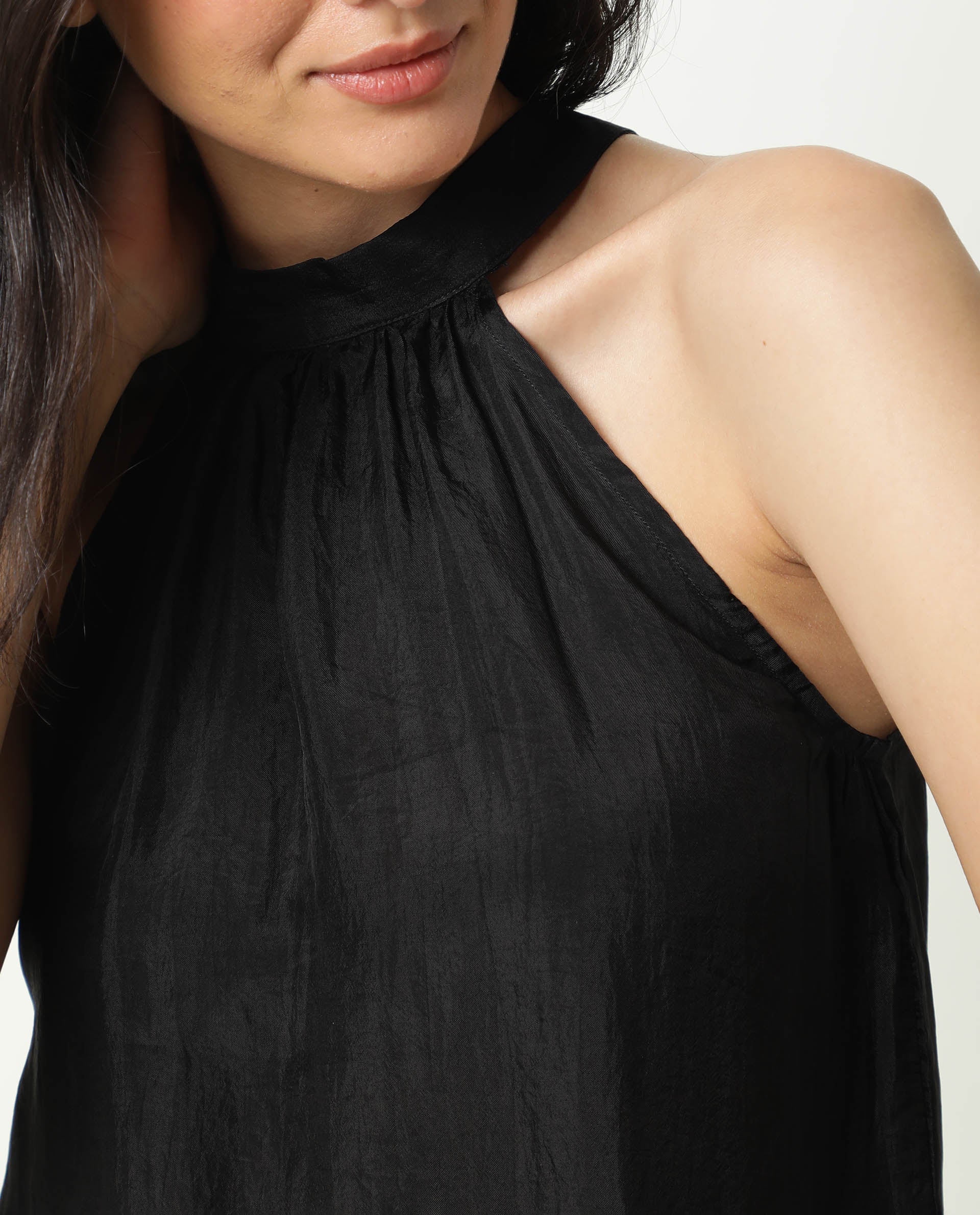 Rareism Women's Sahano Black Polyester Blend Halter Neck Plain Sleeveless Slim Fit Top - Image 4